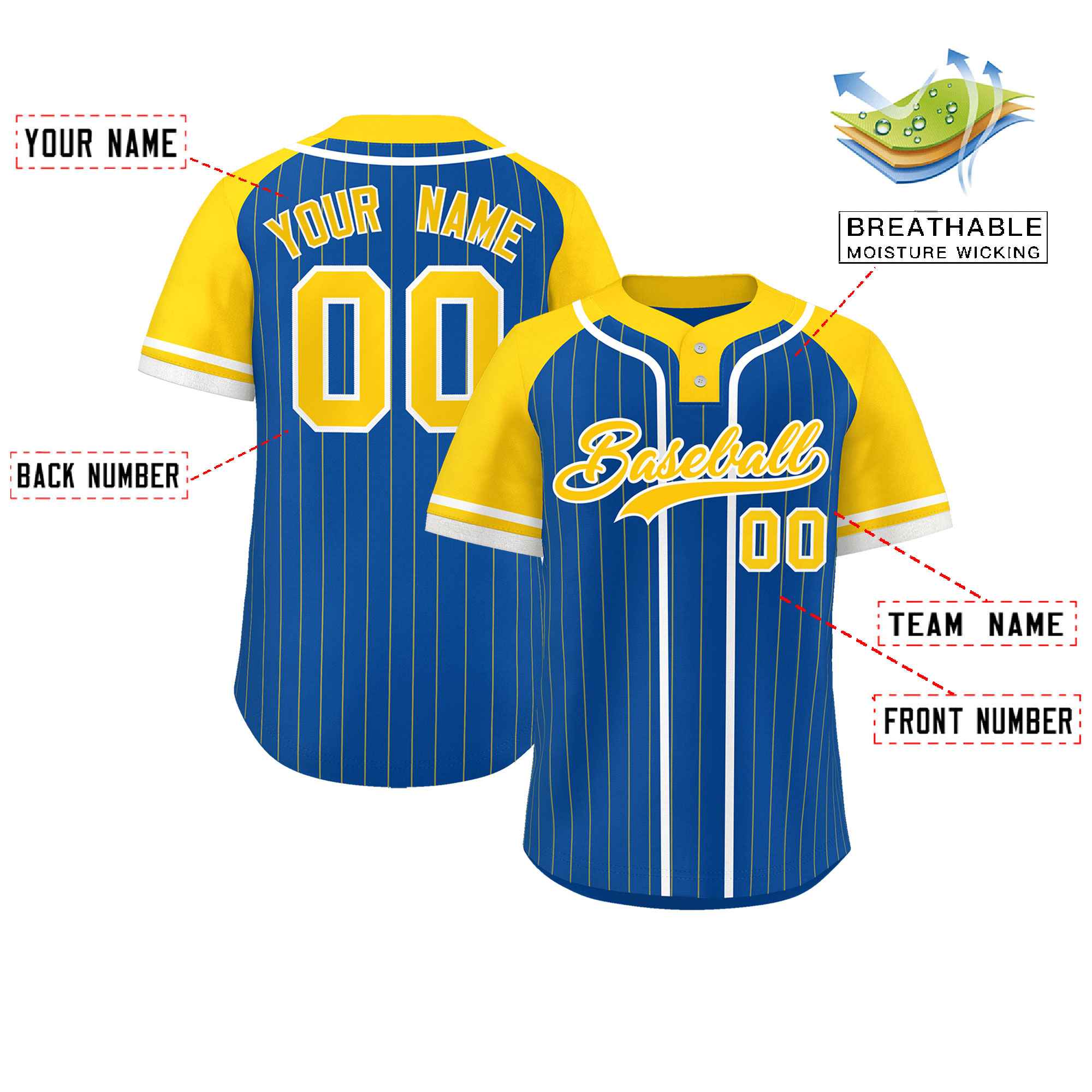 Custom Royal Gold-White Stripe Fashion Raglan Sleeves Authentic Two-Button Softball Jersey