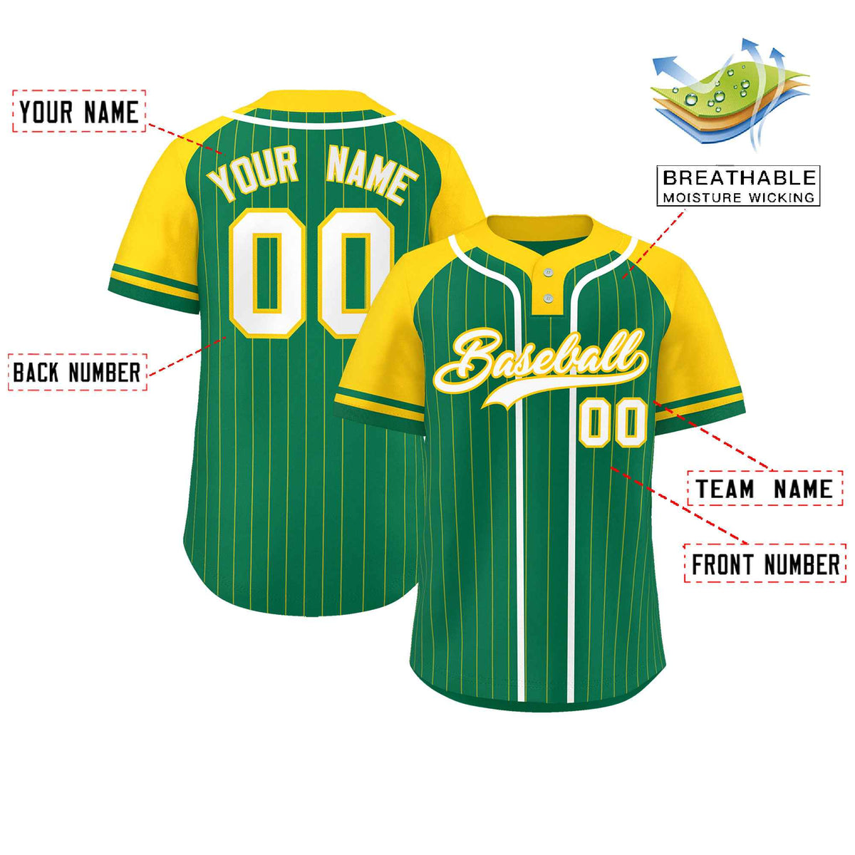 Custom Kelly Green Gold-White Stripe Fashion Raglan Sleeves Authentic Two-Button Softball Jersey