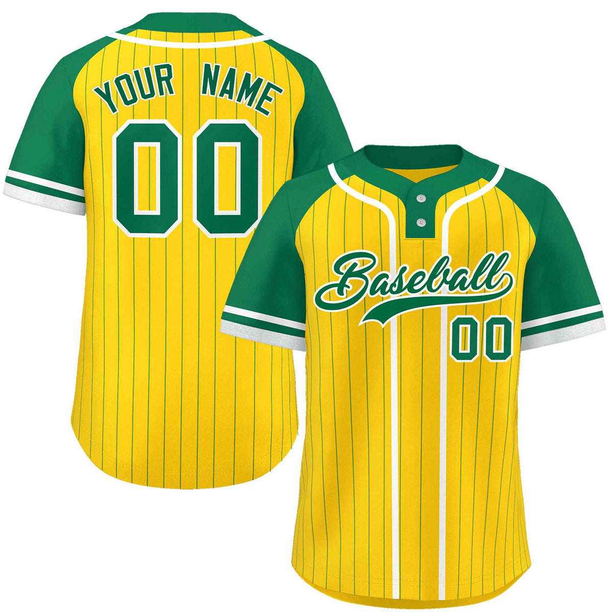 Custom Gold Kelly Green-White Stripe Fashion Raglan Sleeves Authentic Two-Button Softball Jersey