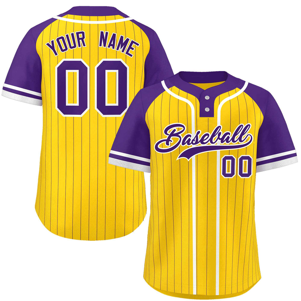 Custom Gold Purple-White Stripe Fashion Raglan Sleeves Authentic Two-Button Softball Jersey