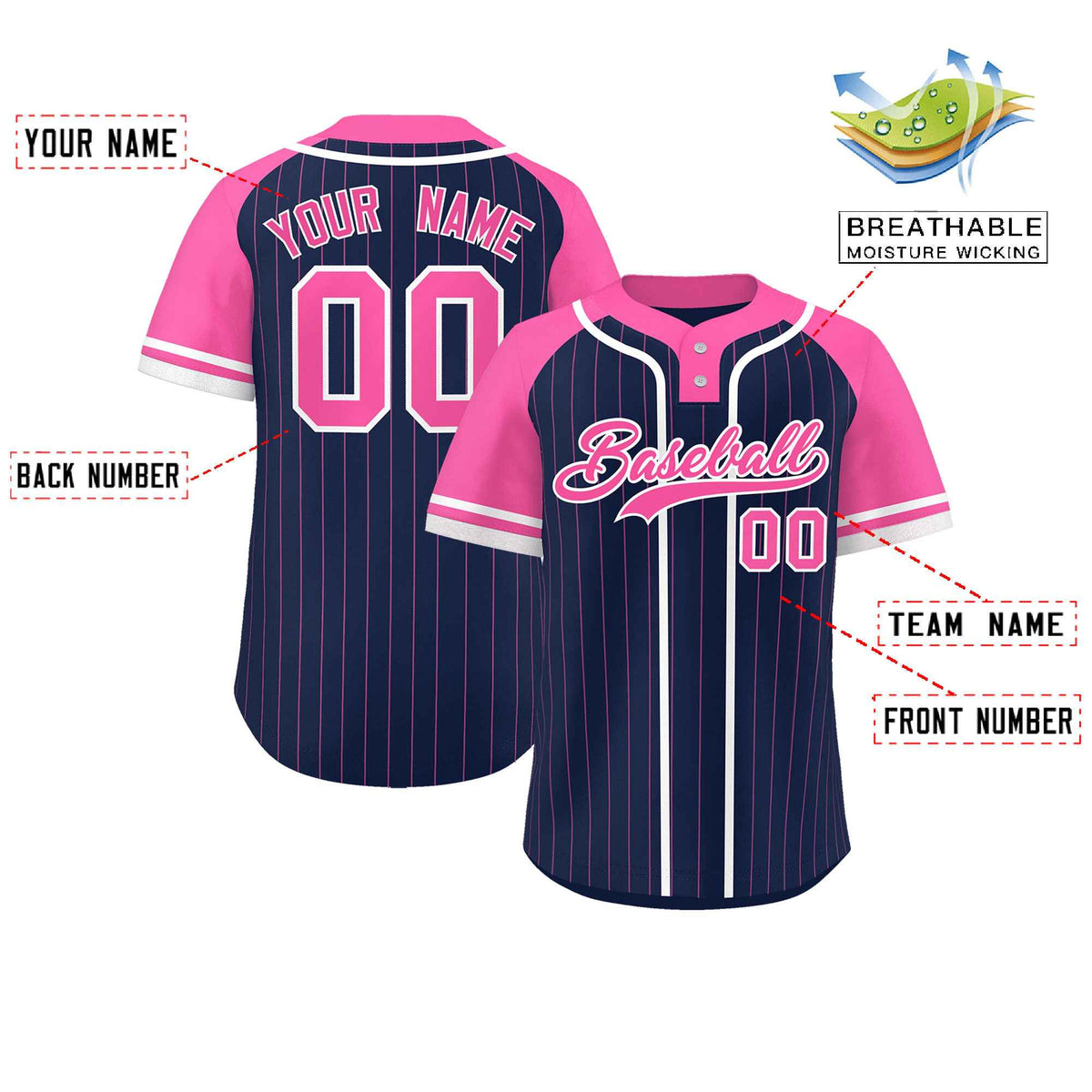 Custom Navy Pink-White Stripe Fashion Raglan Sleeves Authentic Two-Button Softball Jersey