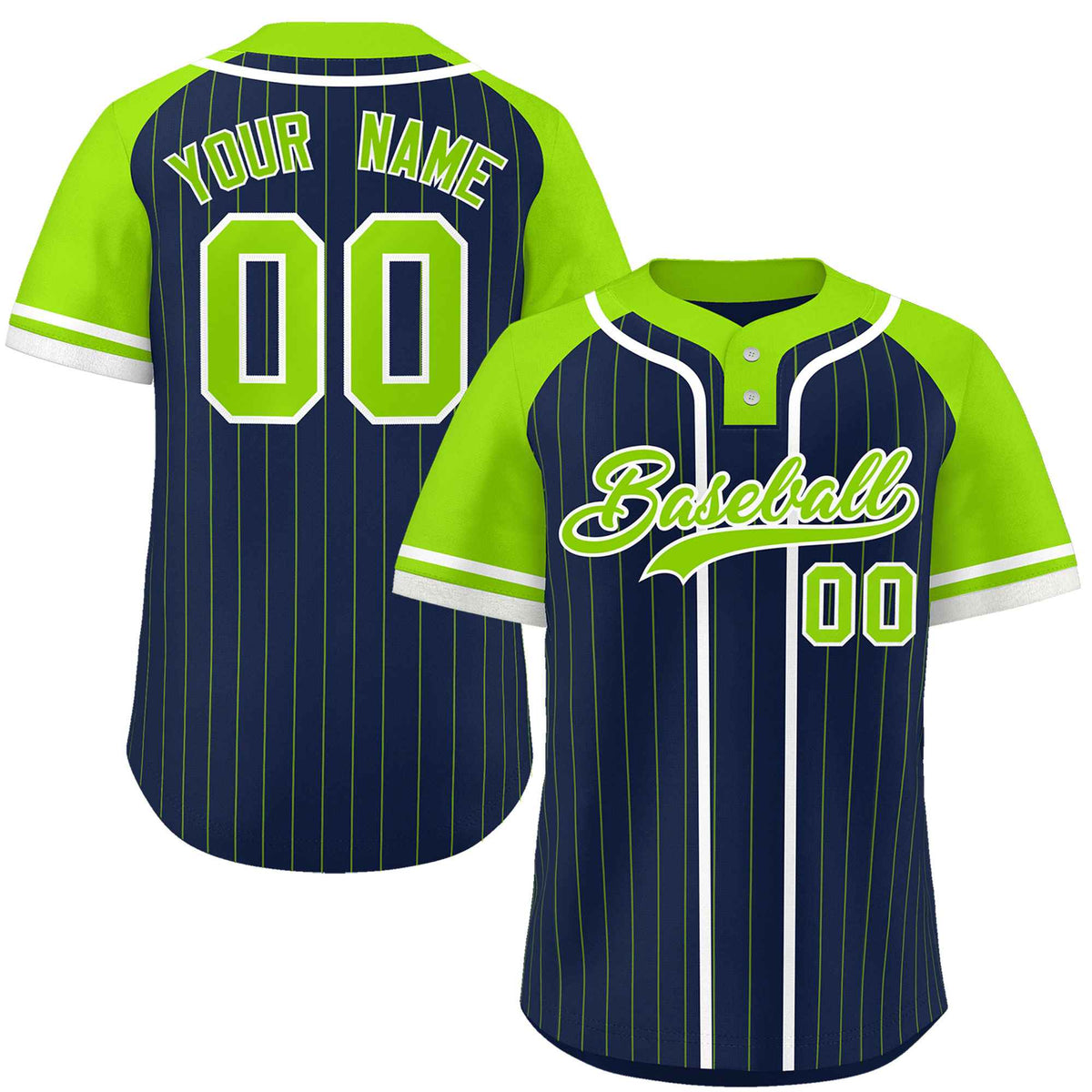 Custom Navy Neon Green-White Stripe Fashion Raglan Sleeves Authentic Two-Button Softball Jersey