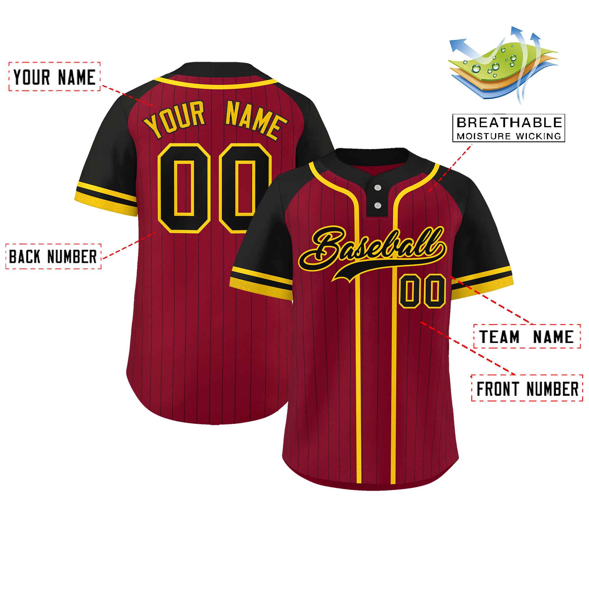 Custom Crimson Black-Gold Stripe Fashion Raglan Sleeves Authentic Two-Button Softball Jersey