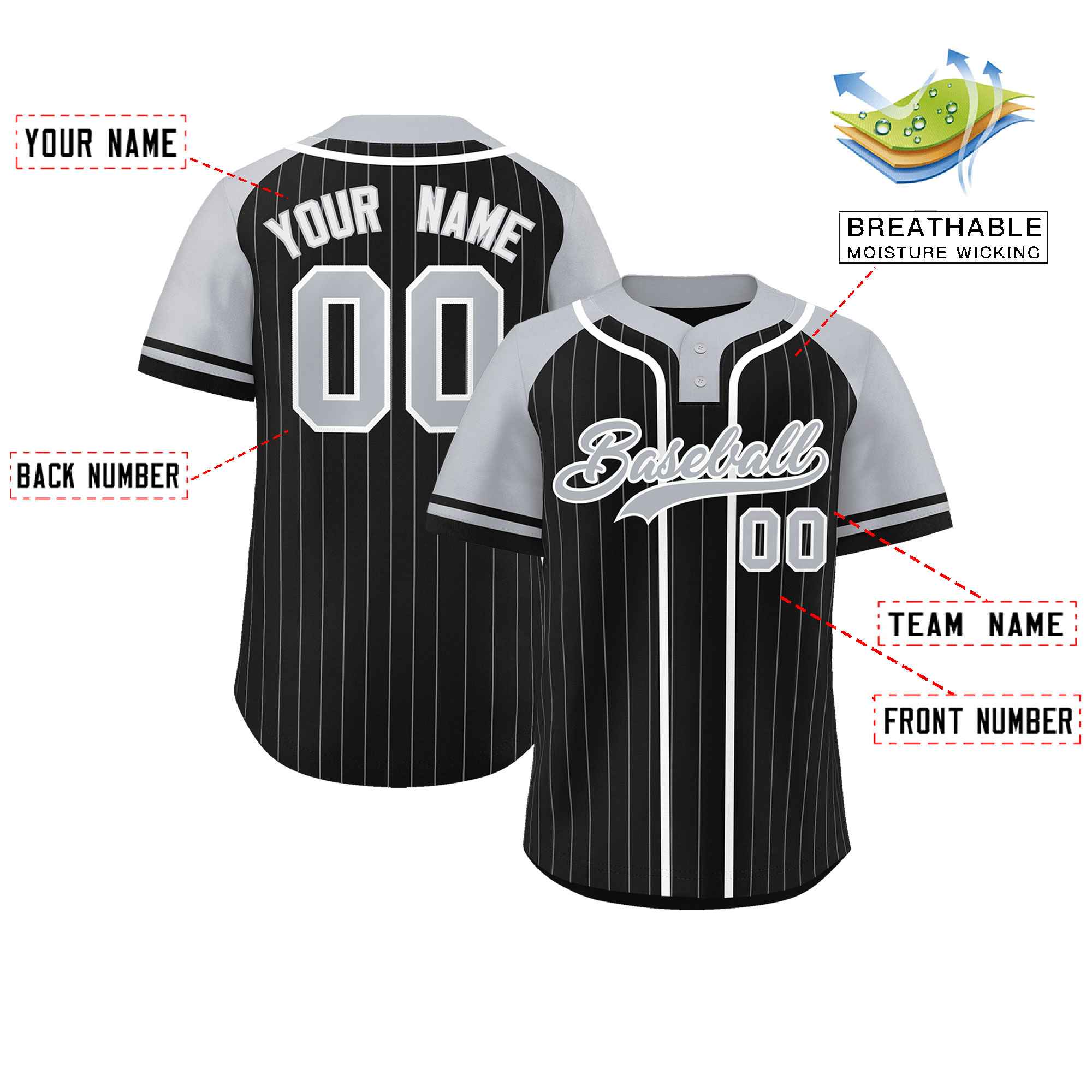 Custom Black Gray-White Stripe Fashion Raglan Sleeves Authentic Two-Button Softball Jersey