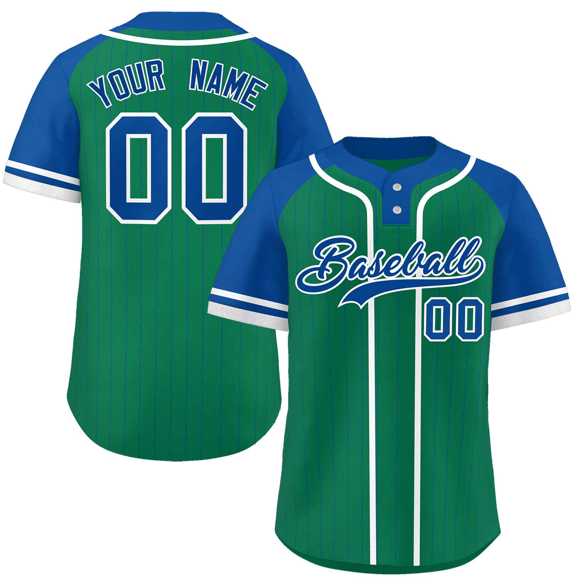 Custom Kelly Green Royal-White Stripe Fashion Raglan Sleeves Authentic Two-Button Softball Jersey