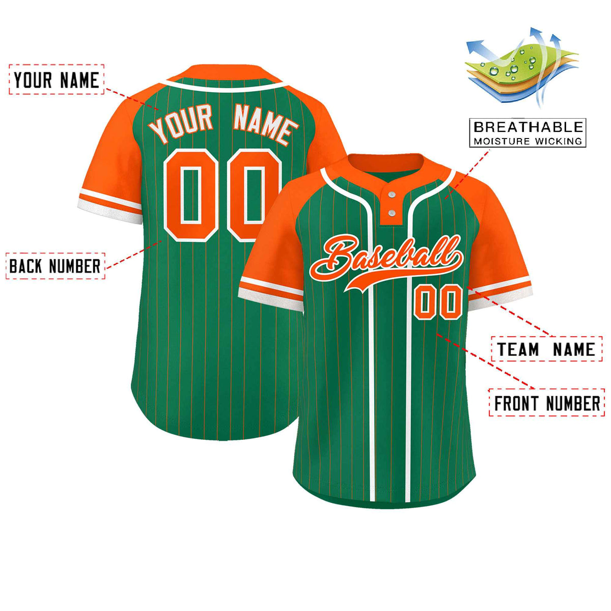 Custom Kelly Green Orange-White Stripe Fashion Raglan Sleeves Authentic Two-Button Softball Jersey