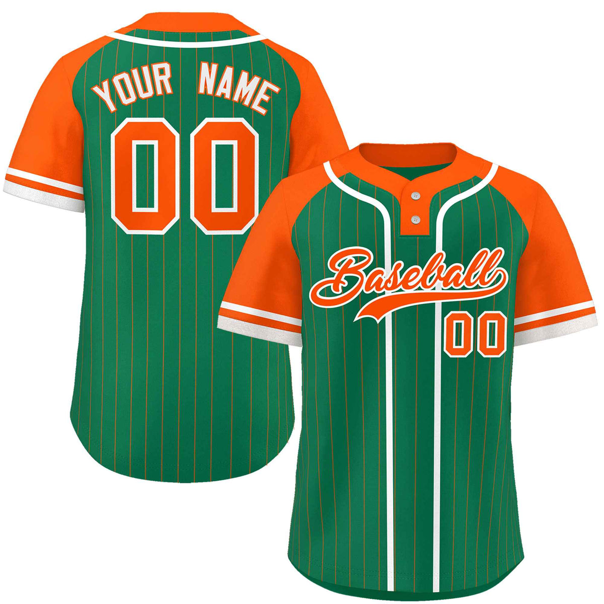 Custom Kelly Green Orange-White Stripe Fashion Raglan Sleeves Authentic Two-Button Softball Jersey