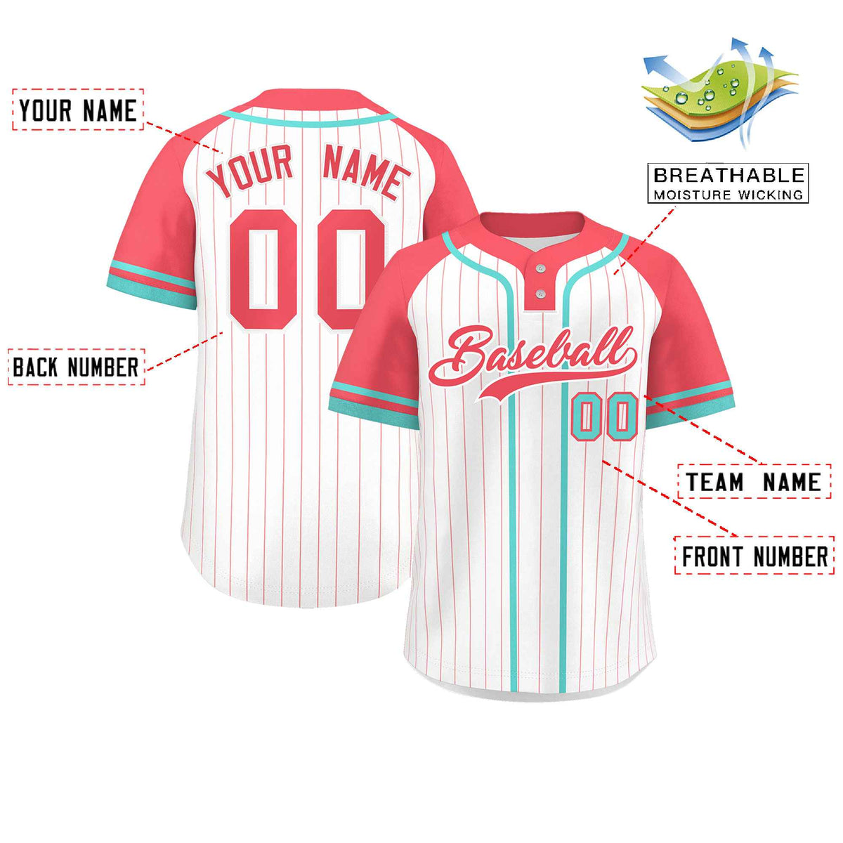 Custom White Light Red-Aqua Stripe Fashion Raglan Sleeves Authentic Two-Button Softball Jersey