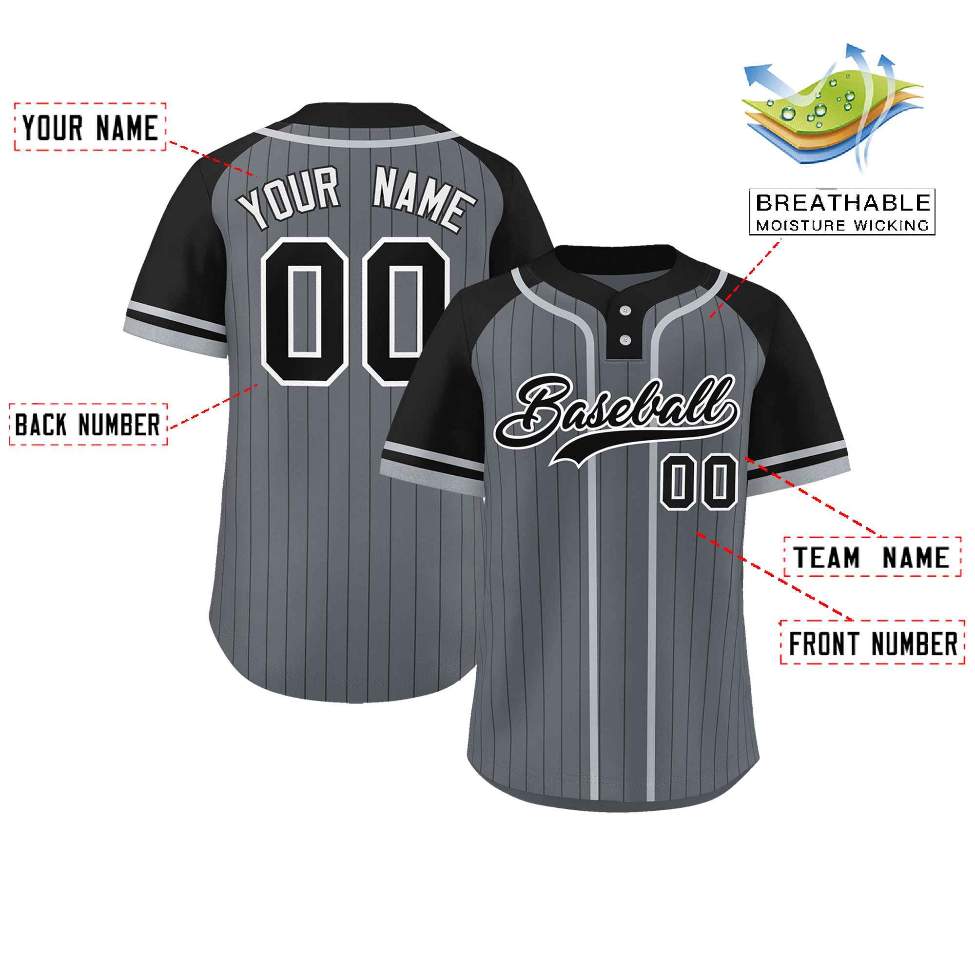Custom Dark Gray Black-Gray Stripe Fashion Raglan Sleeves Authentic Two-Button Softball Jersey