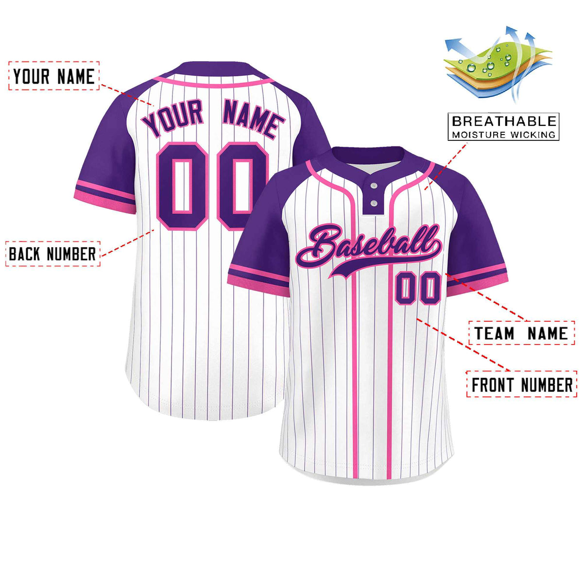 Custom White Purple-Pink Stripe Fashion Raglan Sleeves Authentic Two-Button Softball Jersey