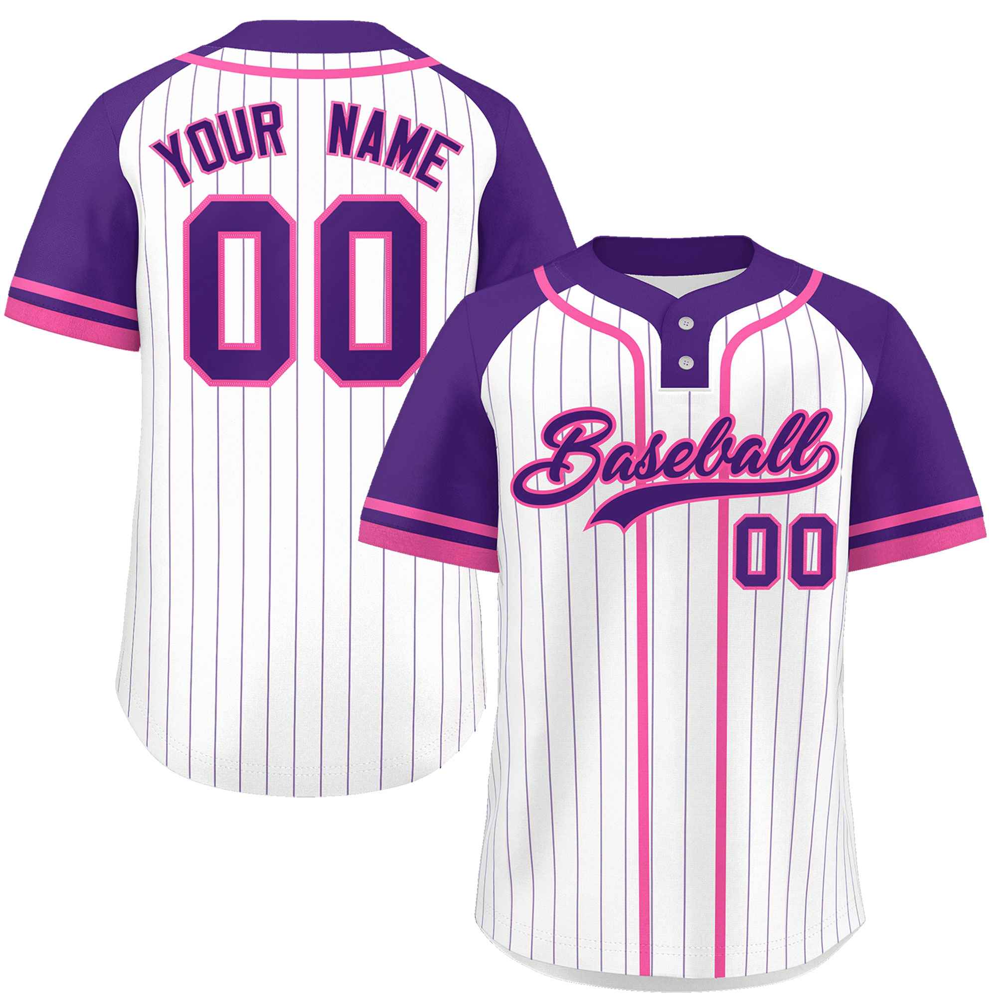 Custom White Purple-Pink Stripe Fashion Raglan Sleeves Authentic Two-Button Softball Jersey