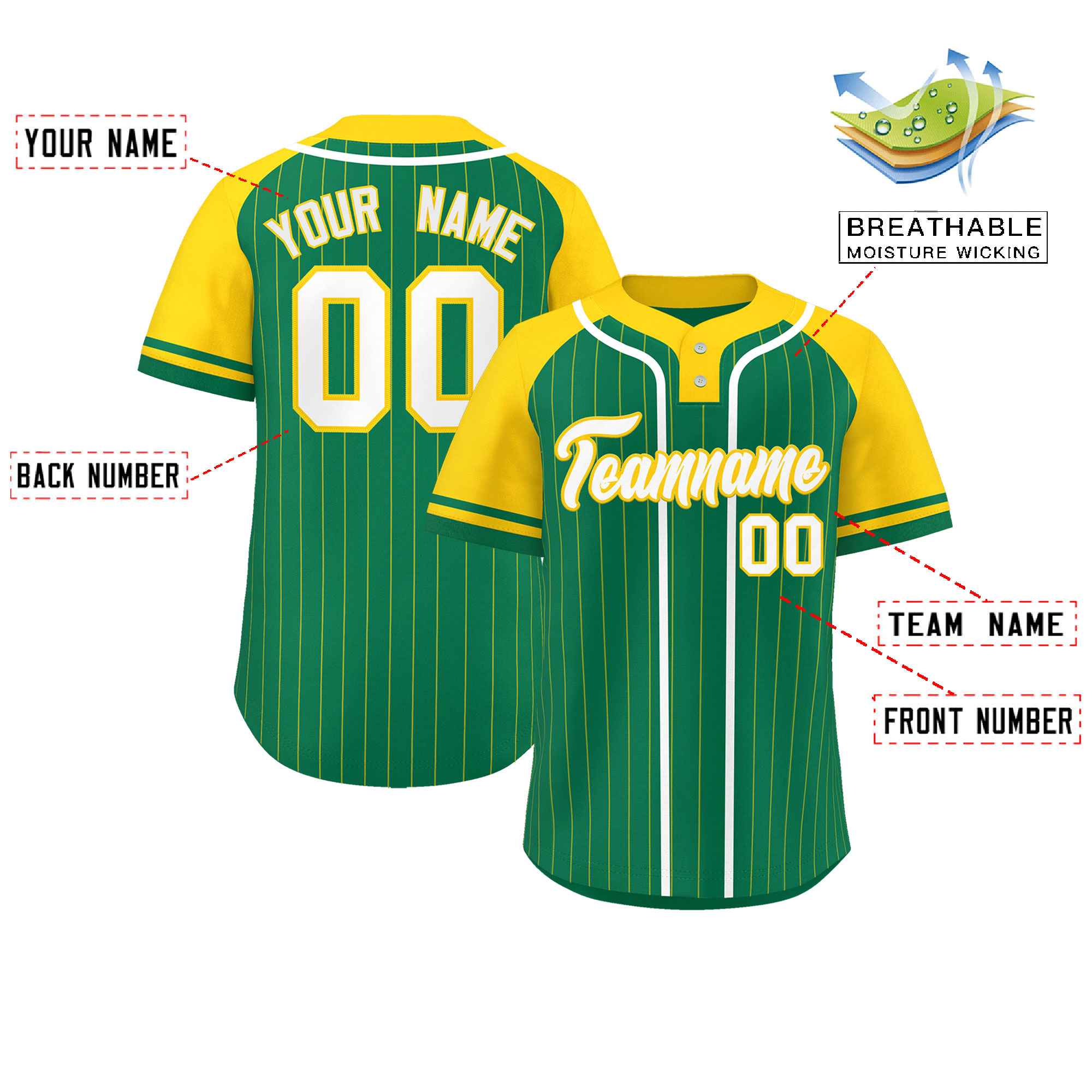Custom Kelly Green Gold-White Stripe Fashion Raglan Sleeves Authentic Two-Button Softball Jersey