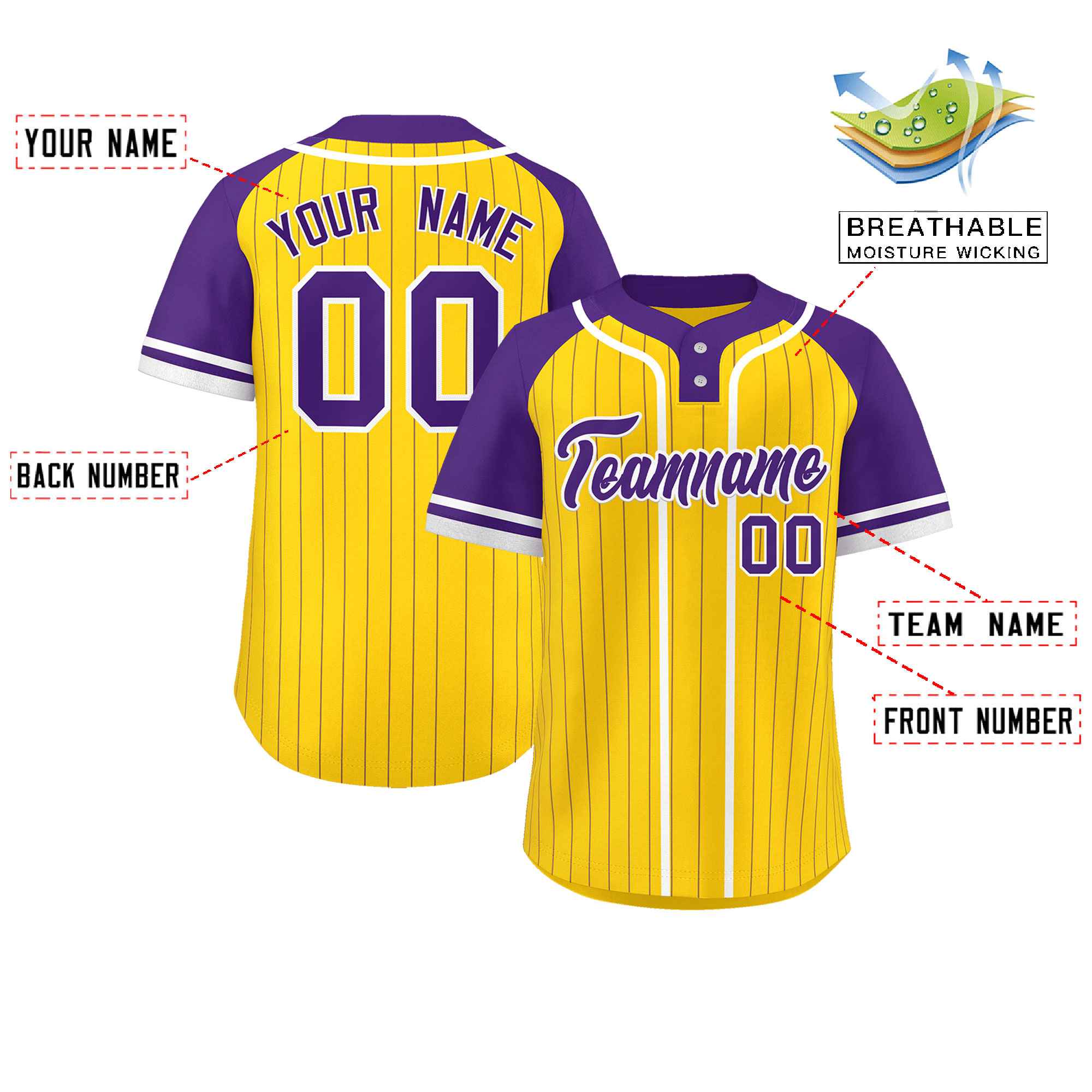 Custom Gold Purple-White Stripe Fashion Raglan Sleeves Authentic Two-Button Softball Jersey