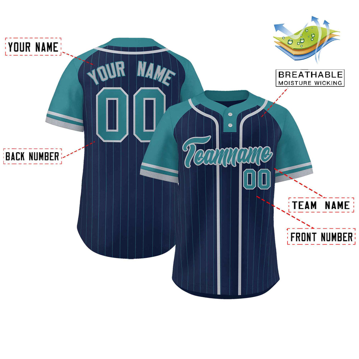 Custom Navy Aqua-Gray Stripe Fashion Raglan Sleeves Authentic Two-Button Softball Jersey