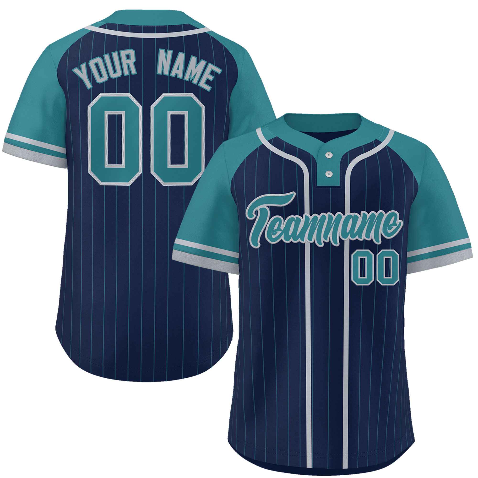Custom Navy Aqua-Gray Stripe Fashion Raglan Sleeves Authentic Two-Button Softball Jersey