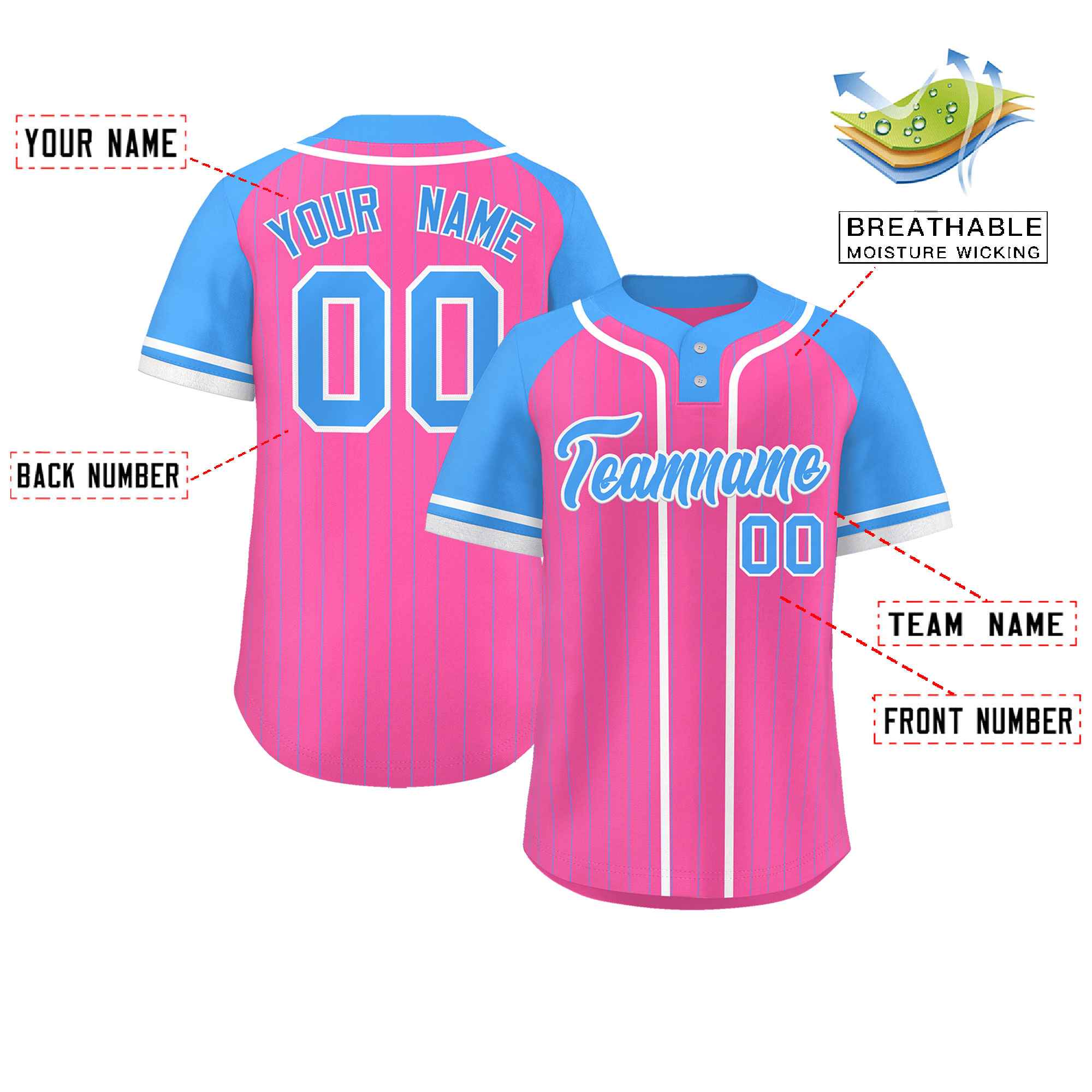 Custom Pink Powder Blue-White Stripe Fashion Raglan Sleeves Authentic Two-Button Softball Jersey