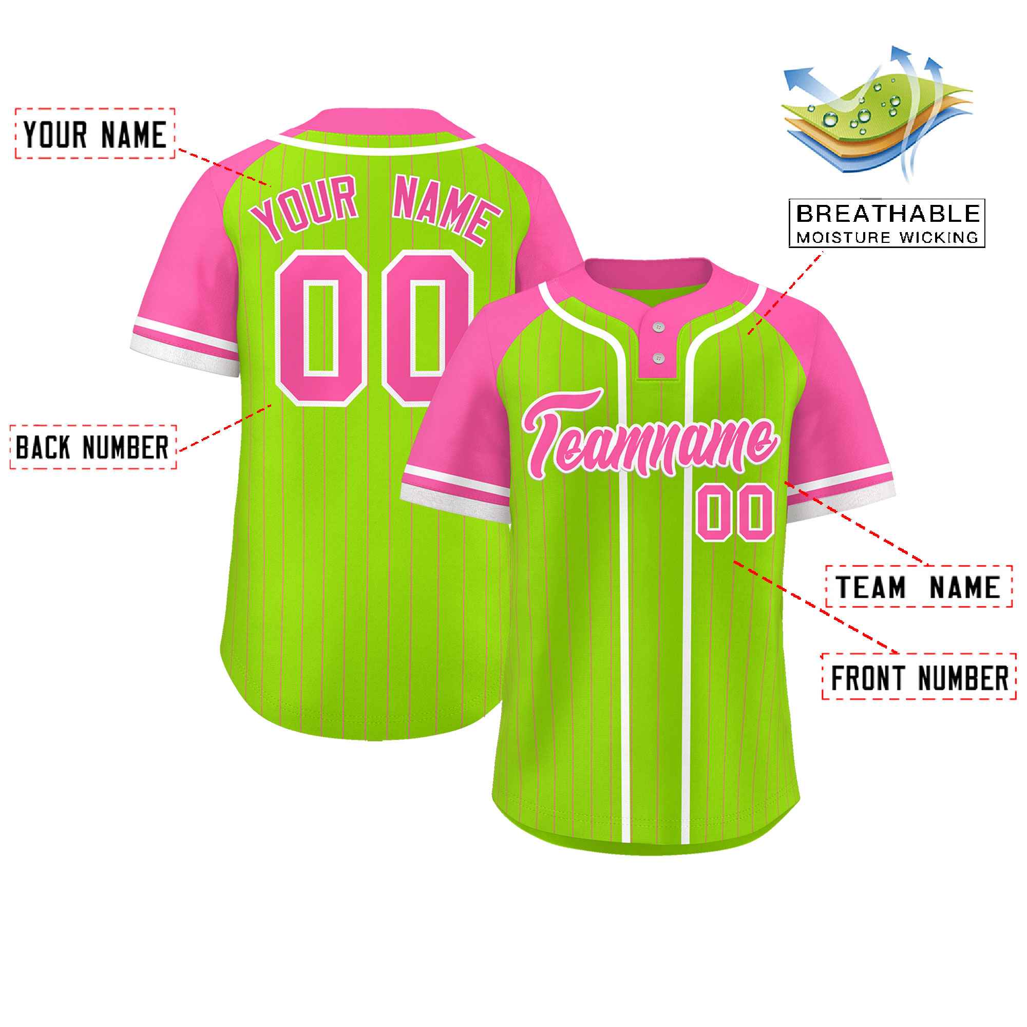 Custom Neon Green Pink-White Stripe Fashion Raglan Sleeves Authentic Two-Button Softball Jersey