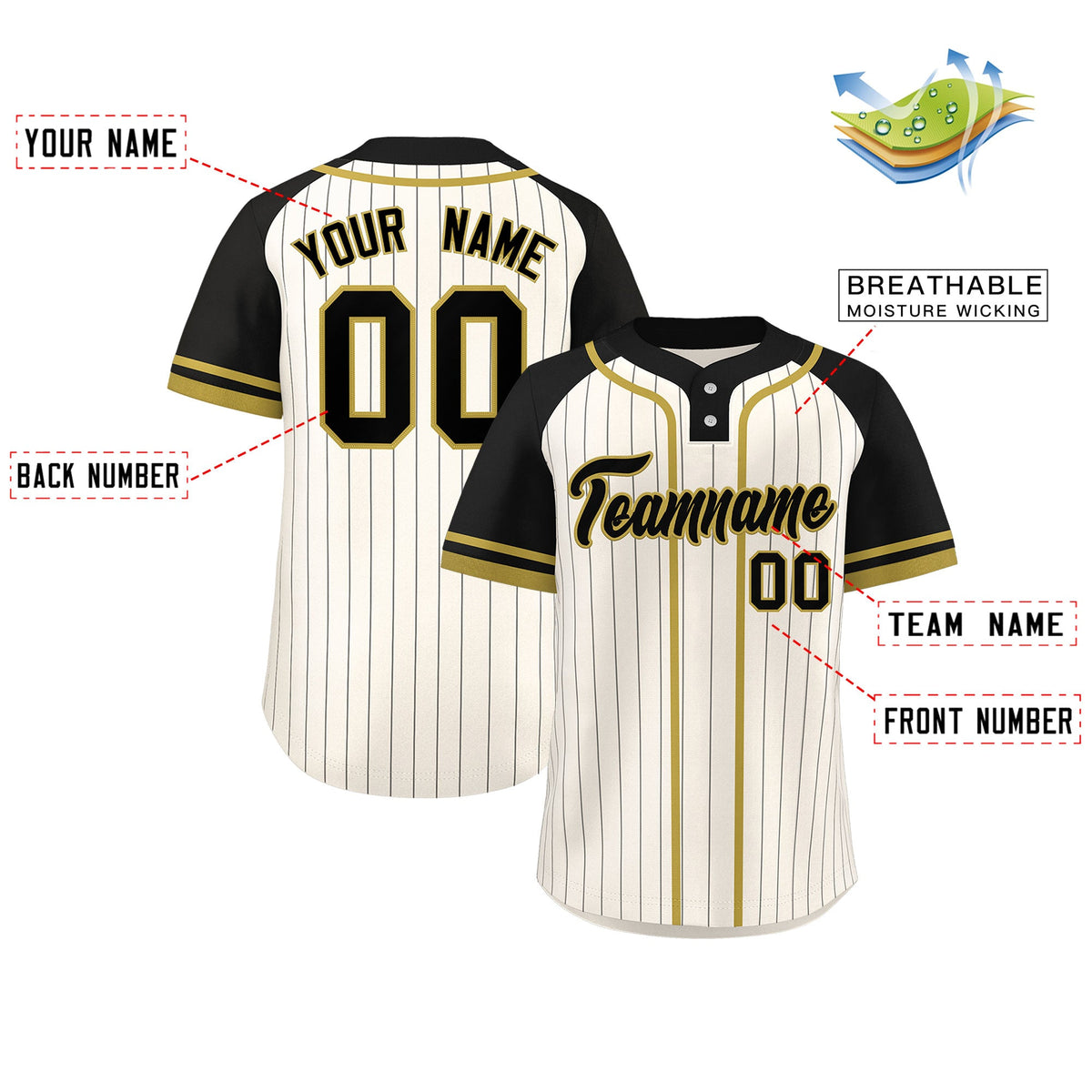 Custom Cream Black-Old Gold Stripe Fashion Raglan Sleeves Authentic Two-Button Softball Jersey