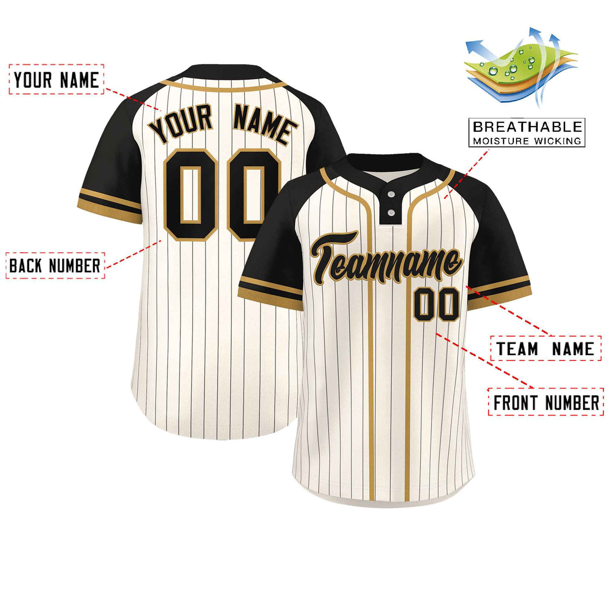 Custom Cream Black-Old Gold Stripe Fashion Raglan Sleeves Authentic Two-Button Softball Jersey