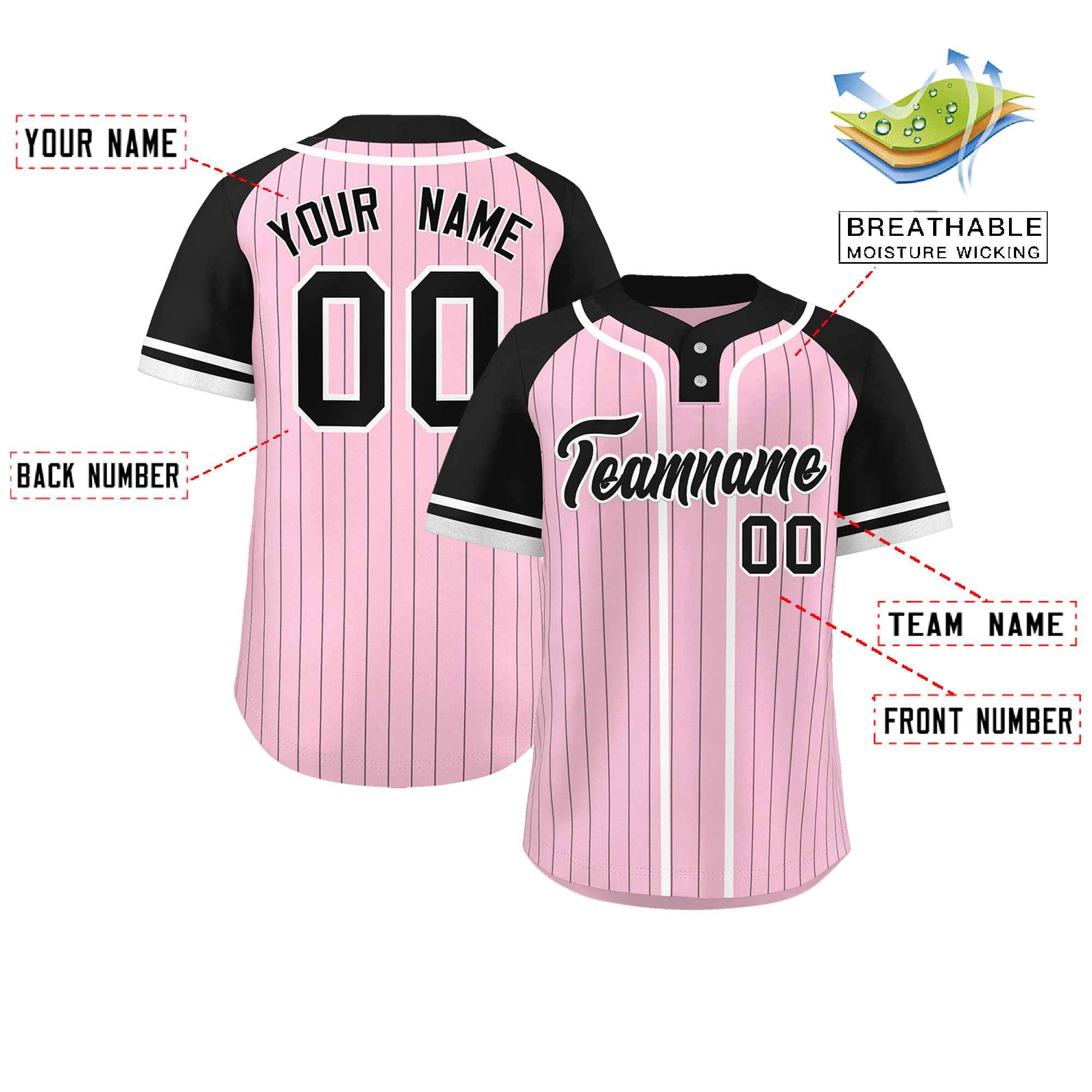 Custom Light Pink Black-White Stripe Fashion Raglan Sleeves Authentic Two-Button Softball Jersey