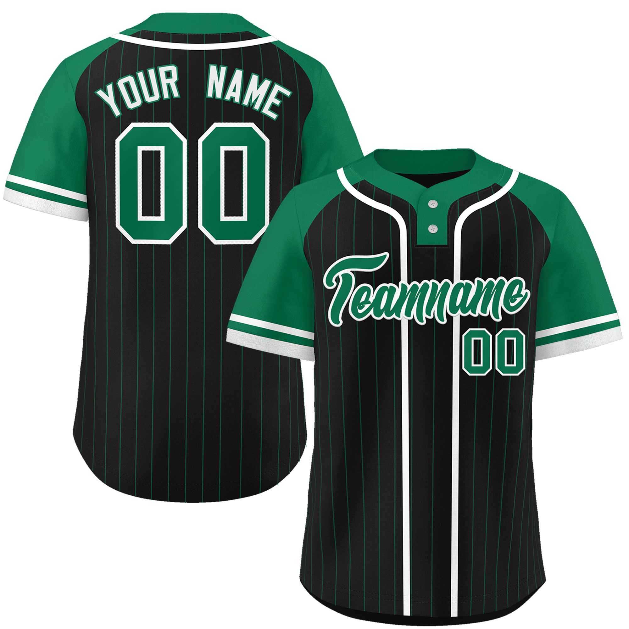 Custom Black Kelly Green-White Stripe Fashion Raglan Sleeves Authentic Two-Button Softball Jersey