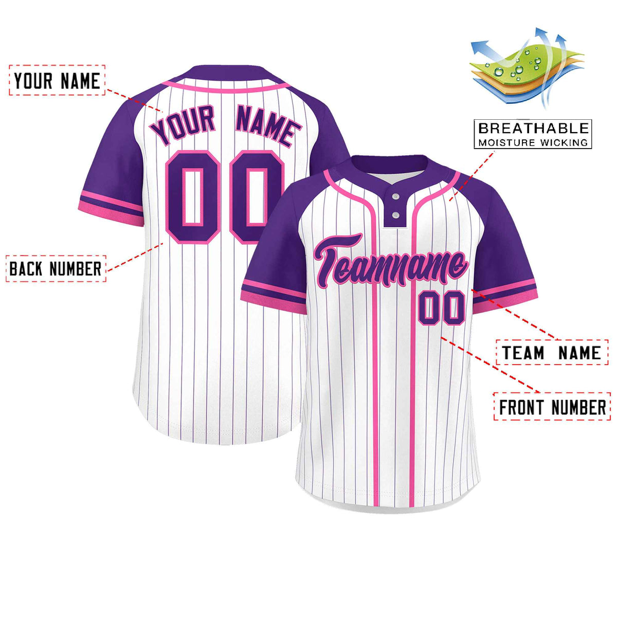 Custom White Purple-Pink Stripe Fashion Raglan Sleeves Authentic Two-Button Softball Jersey