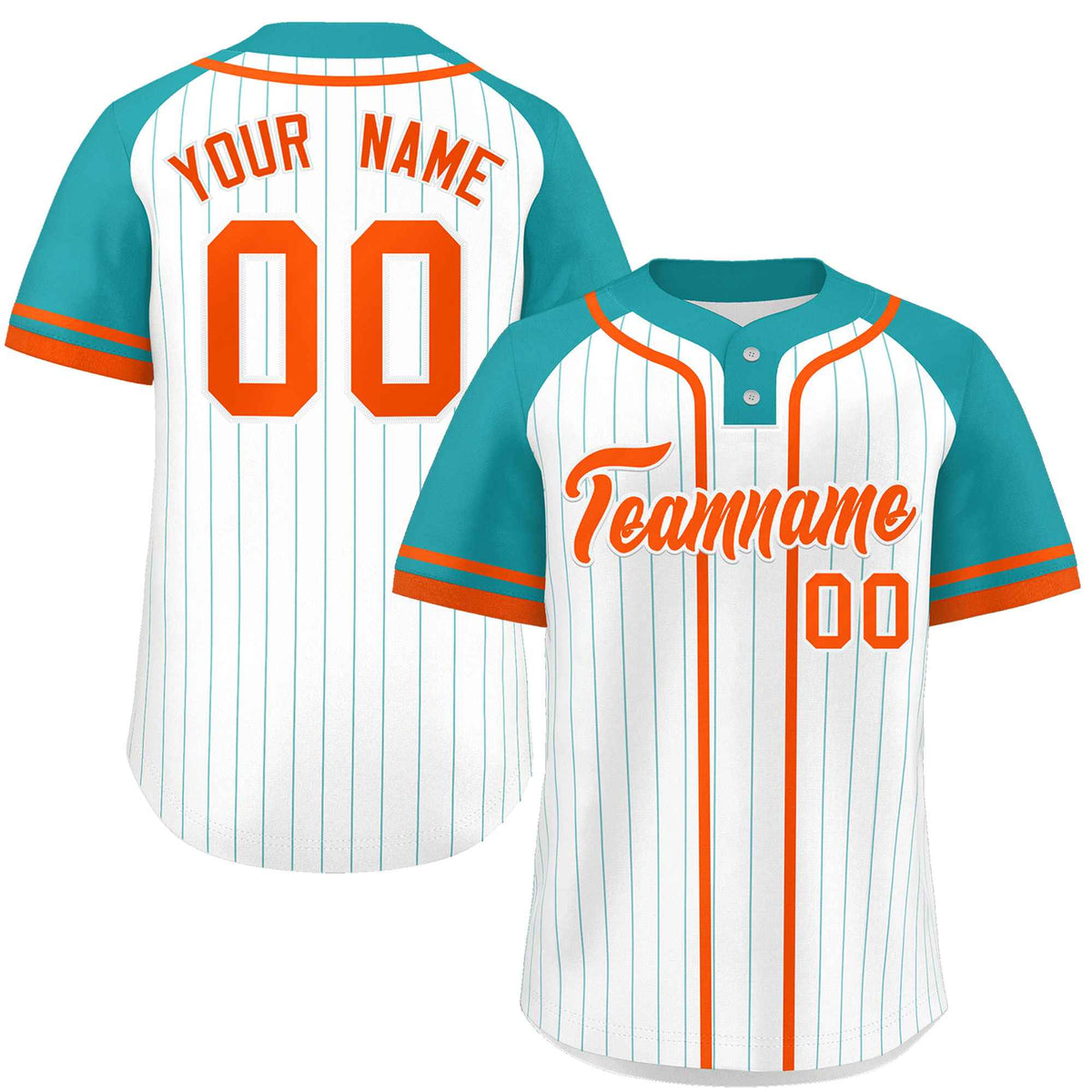 Custom White Aqua-Orange Stripe Fashion Raglan Sleeves Authentic Two-Button Softball Jersey