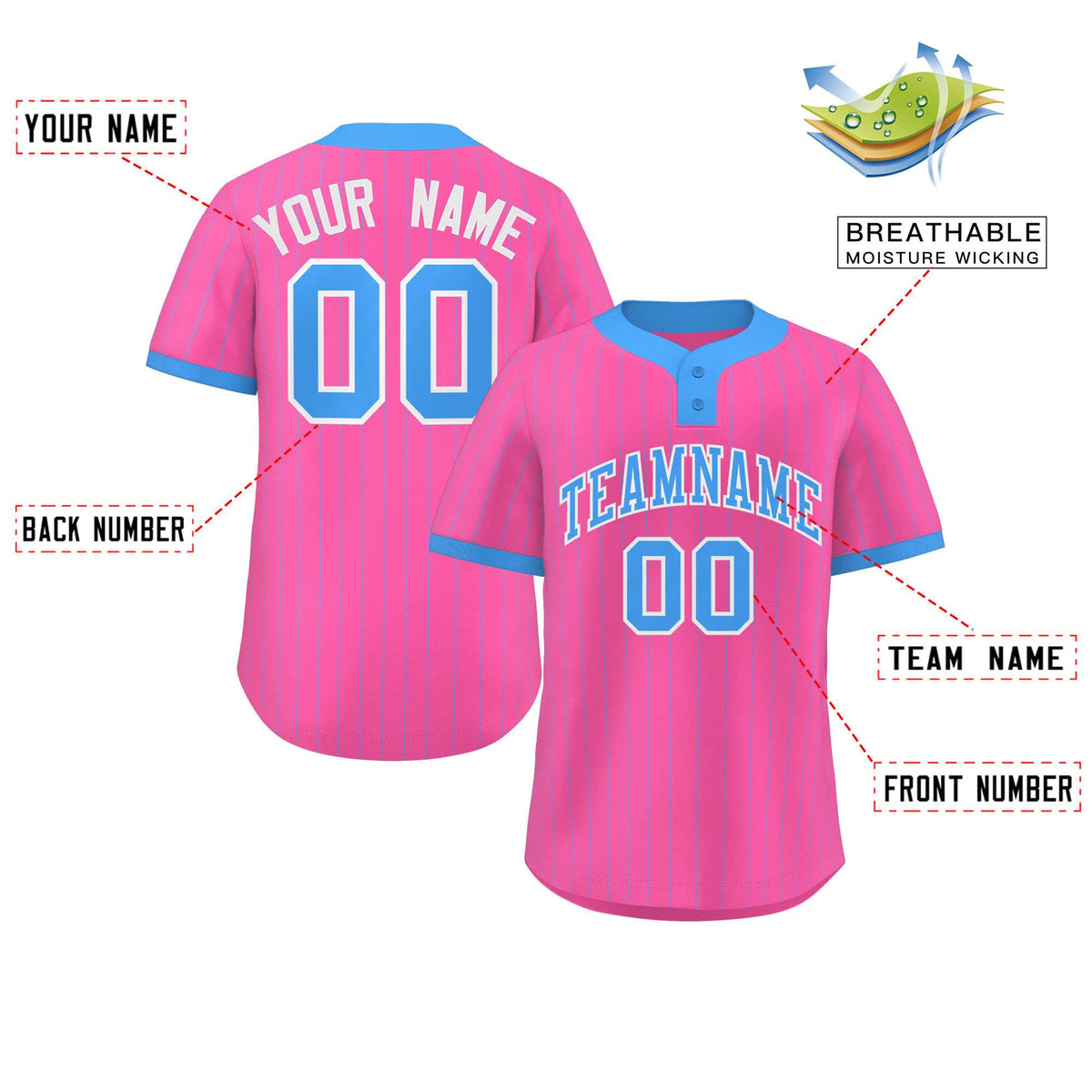 Custom Pink Powder Blue Stripe Fashion Authentic Two-Button Softball Jersey
