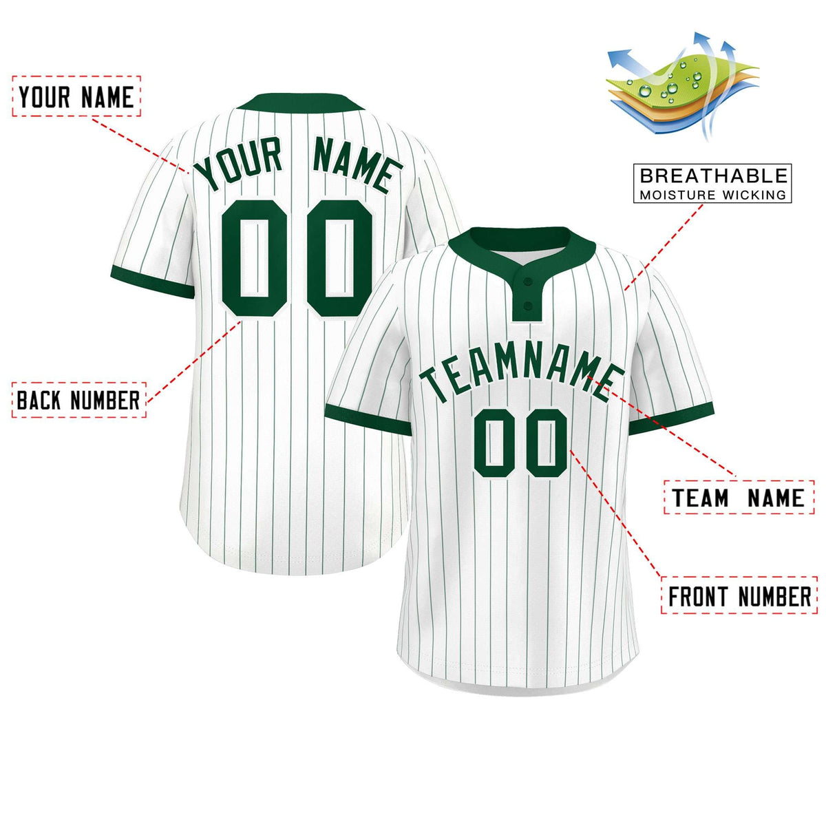 Custom White Green Stripe Fashion Authentic Two-Button Softball Jersey