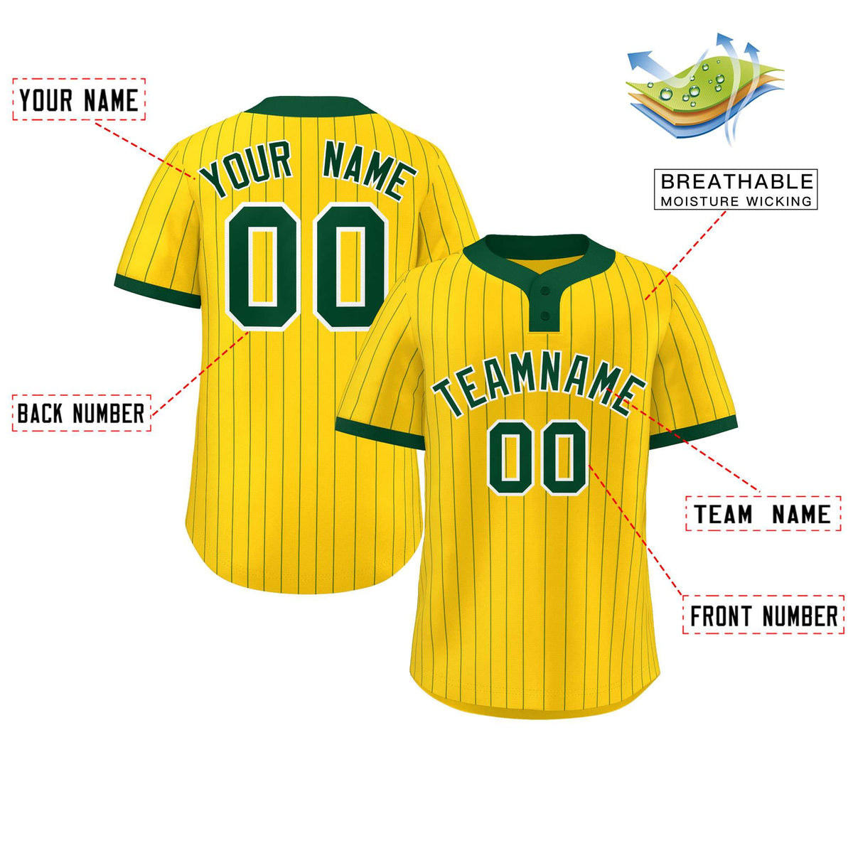 Custom Gold Green Stripe Fashion Authentic Two-Button Softball Jersey