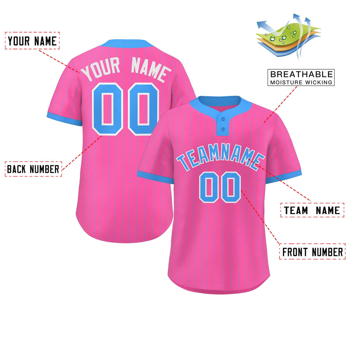 Custom Pink Powder Blue Stripe Fashion Authentic Two-Button Softball Jersey