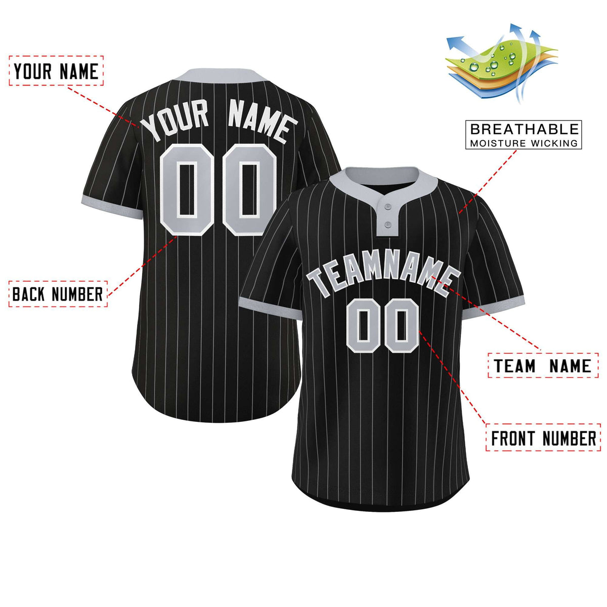 Custom Black Gray Stripe Fashion Authentic Two-Button Softball Jersey