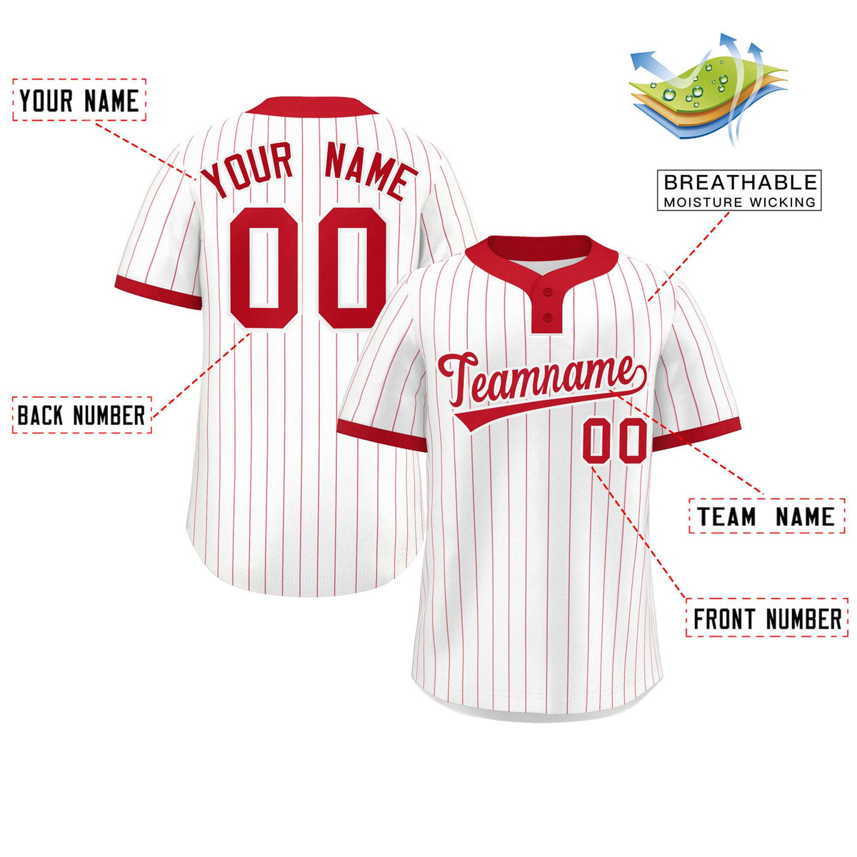Custom White Red Stripe Fashion Authentic Two-Button Softball Jersey