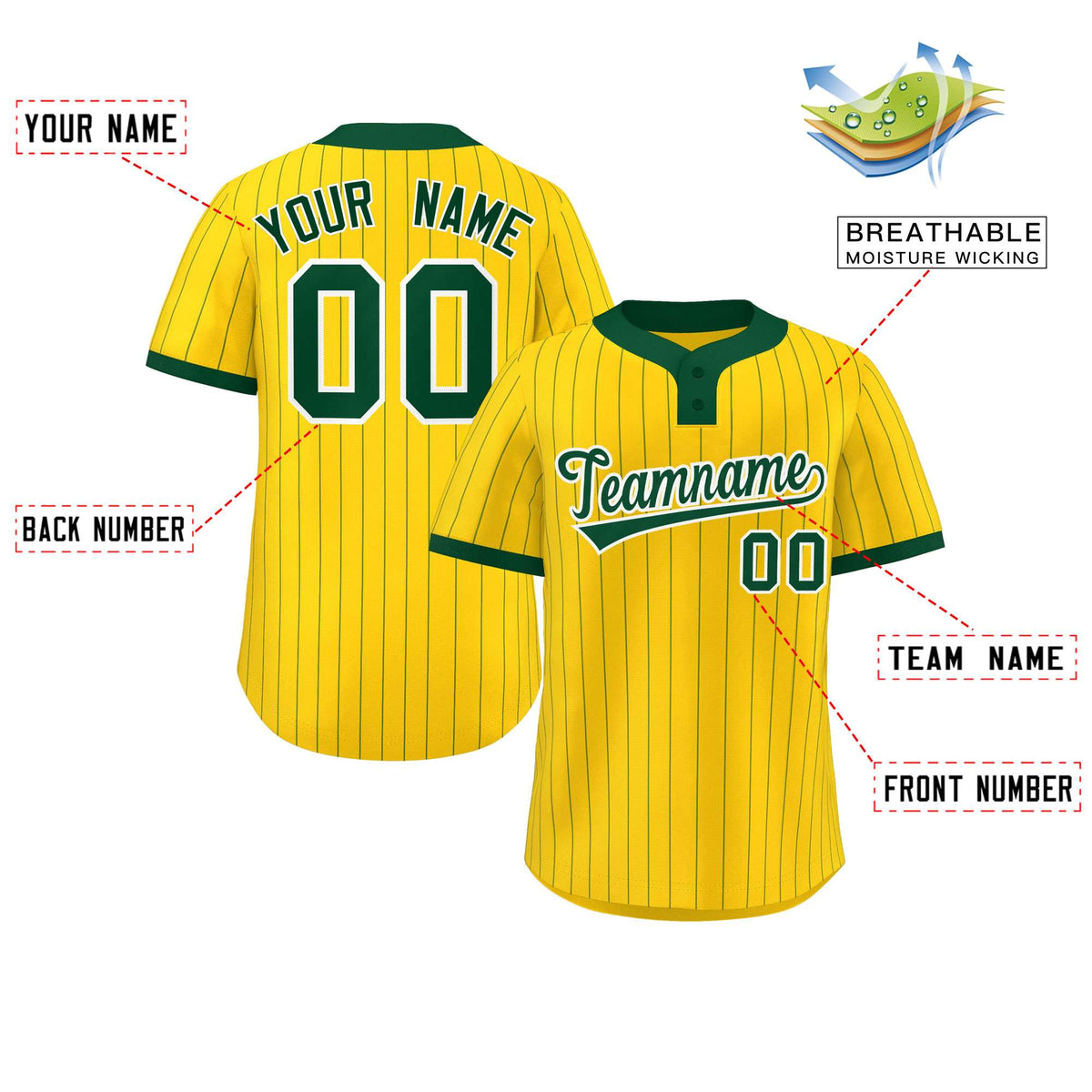 Custom Gold Green Stripe Fashion Authentic Two-Button Softball Jersey