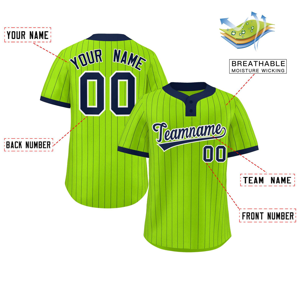 Custom Neon Green Navy Stripe Fashion Authentic Two-Button Softball Jersey