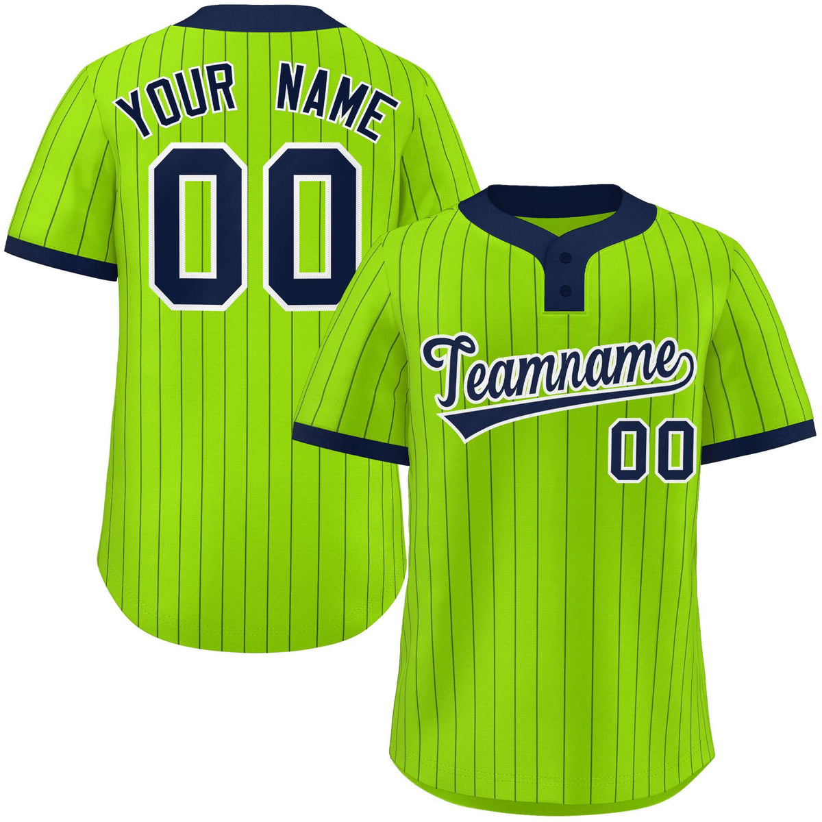 Custom Neon Green Navy Stripe Fashion Authentic Two-Button Softball Jersey
