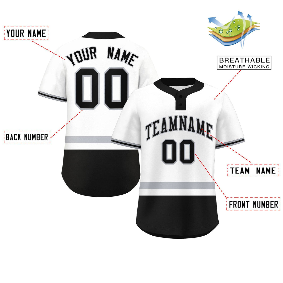 Custom White Gray-Black Color Block Personalized Authentic Two-Button Softball Jersey