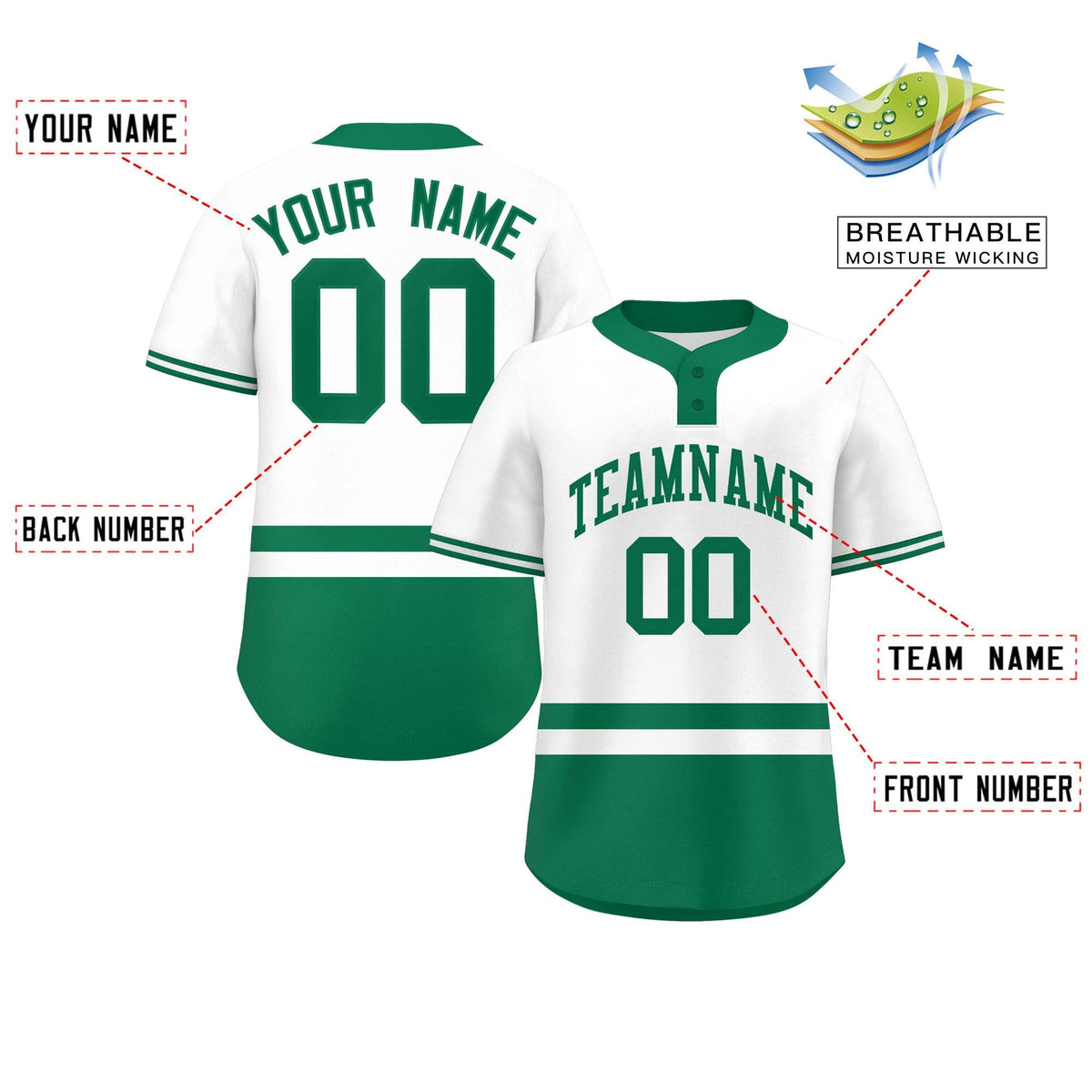 Custom White Kelly Green Color Block Personalized Authentic Two-Button Softball Jersey
