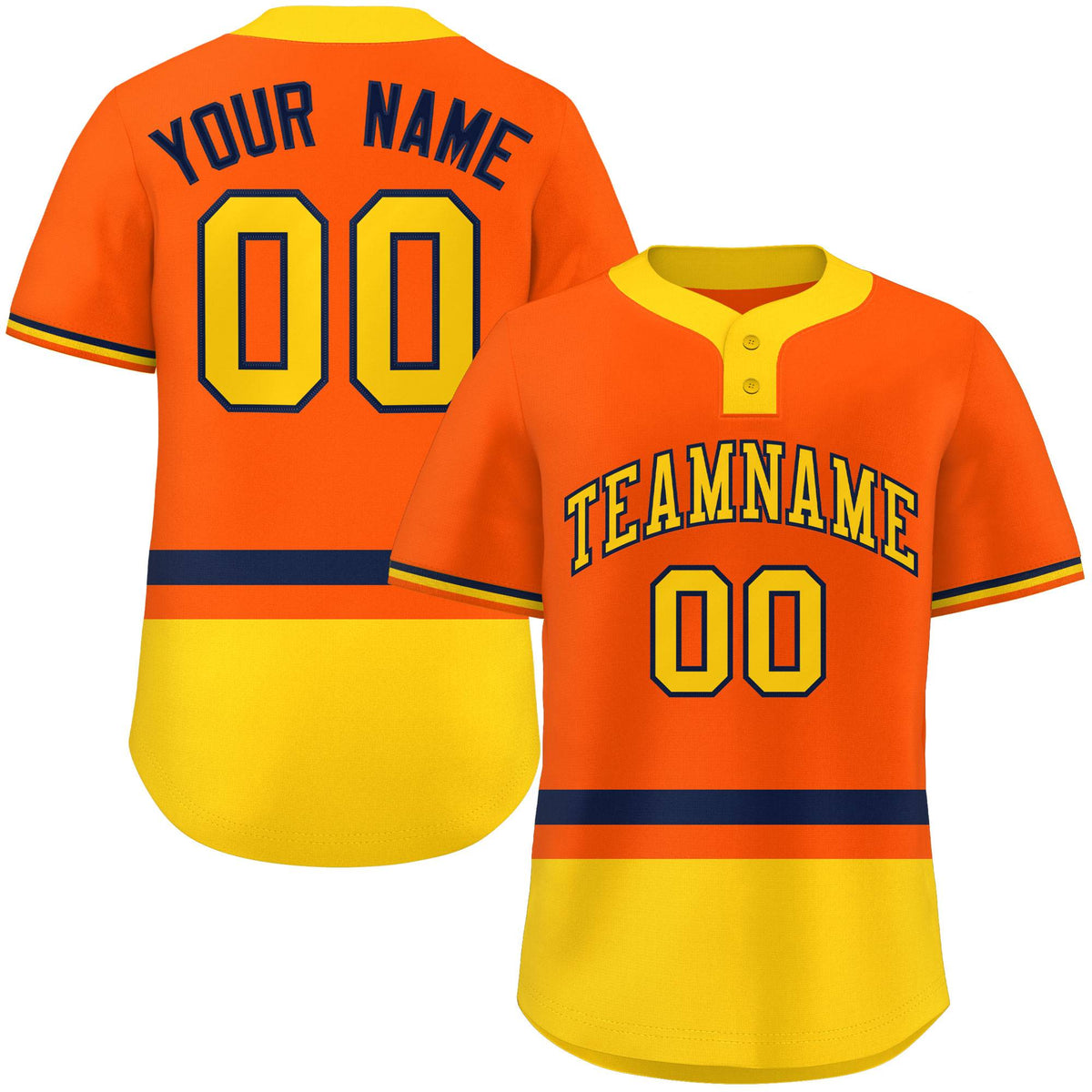 Custom Orange Navy-Gold Color Block Personalized Authentic Two-Button Softball Jersey