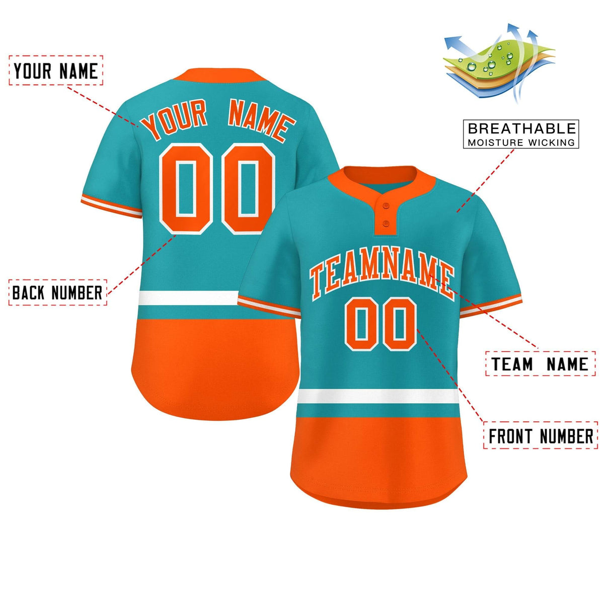 Custom Aqua White-Orange Color Block Personalized Authentic Two-Button Softball Jersey