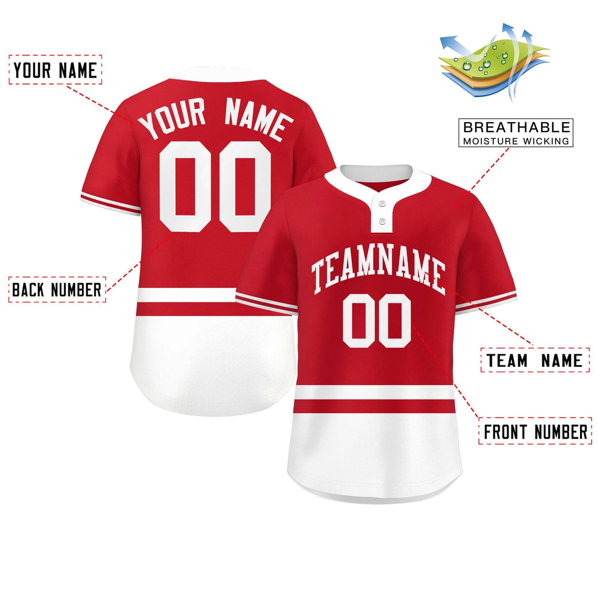 Custom Red White Color Block Personalized Authentic Two-Button Softball Jersey