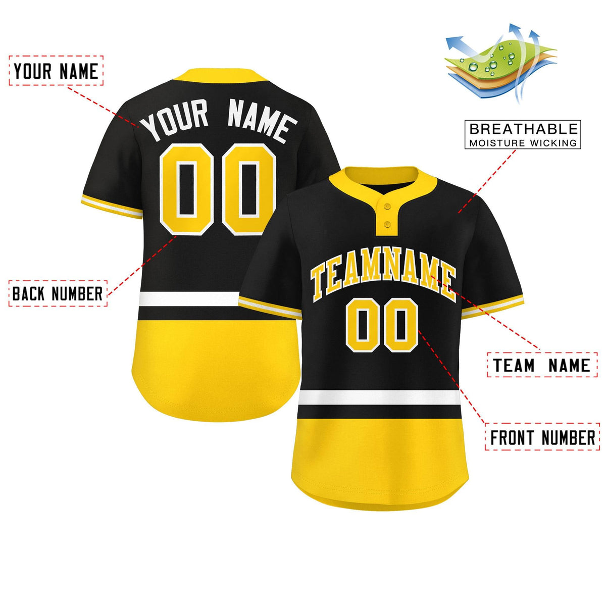 Custom Black White-Gold Color Block Personalized Authentic Two-Button Softball Jersey