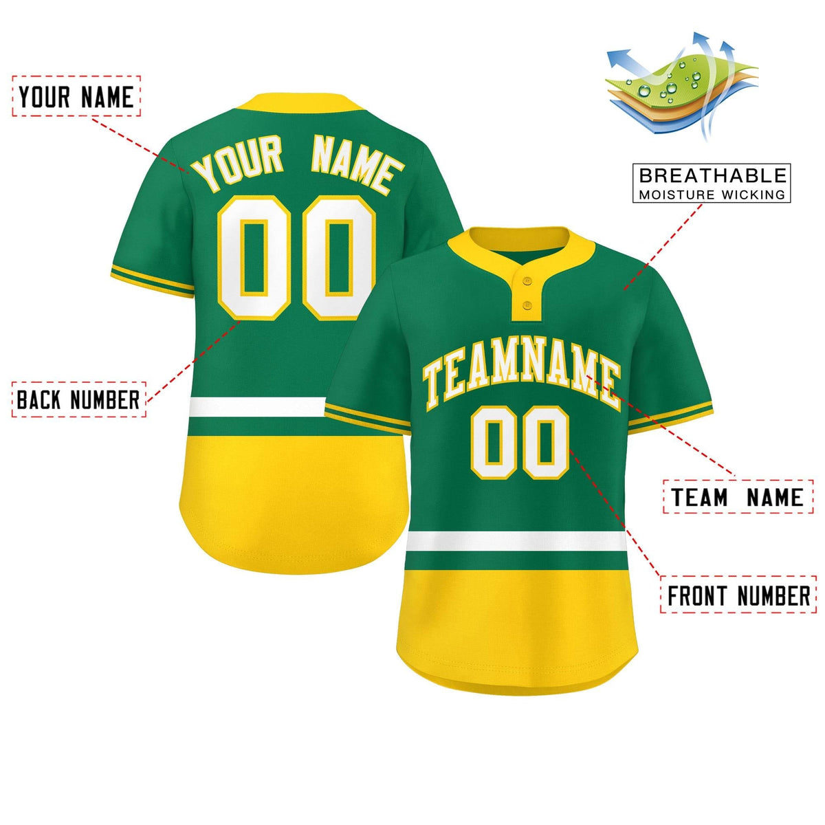 Custom Kelly Green White-Gold Color Block Personalized Authentic Two-Button Softball Jersey