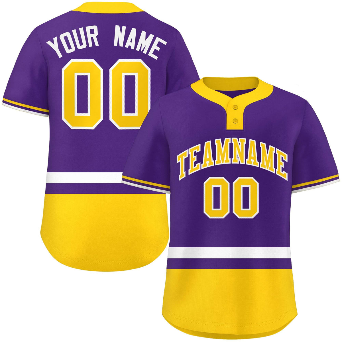 Custom Purple White-Gold Color Block Personalized Authentic Two-Button Softball Jersey