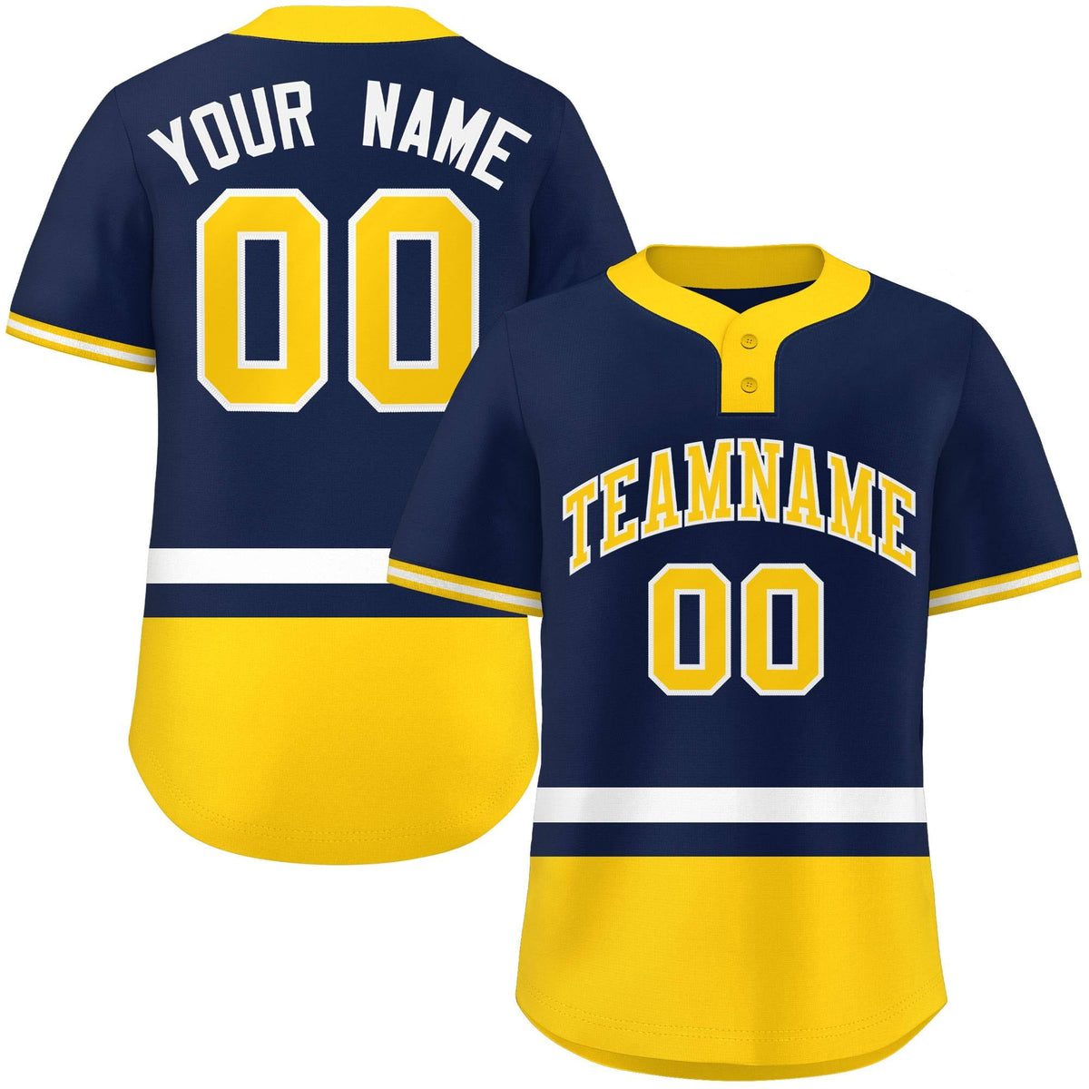 Custom Navy White-Gold Color Block Personalized Authentic Two-Button Softball Jersey