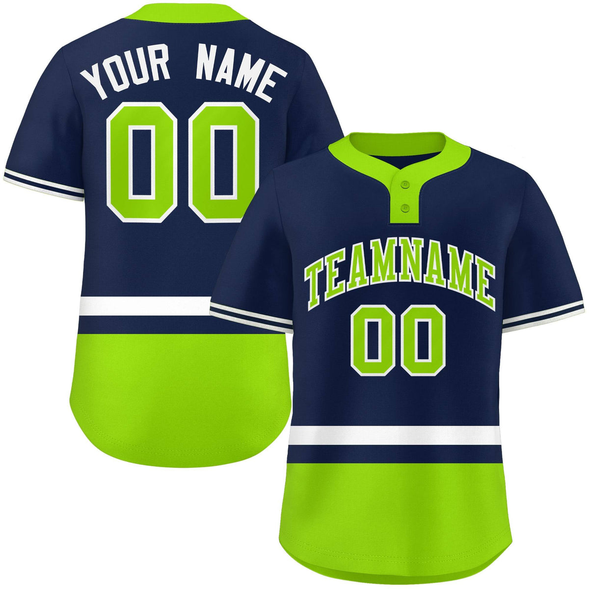 Custom Navy White-Neon Green Color Block Personalized Authentic Two-Button Softball Jersey