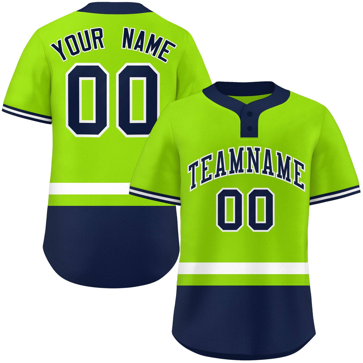 Custom Neon Green White-Navy Color Block Personalized Authentic Two-Button Softball Jersey