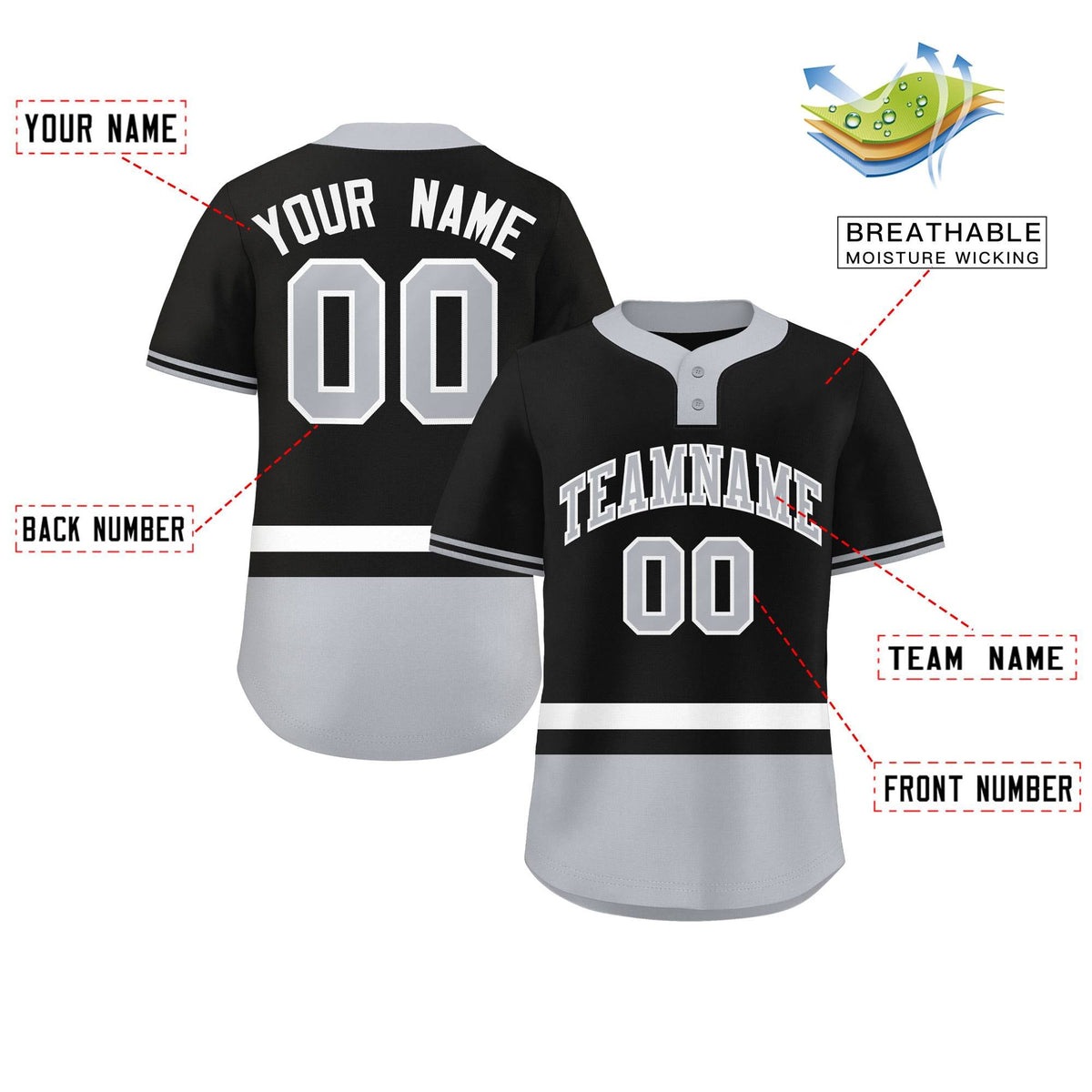 Custom Black White-Gray Color Block Personalized Authentic Two-Button Softball Jersey