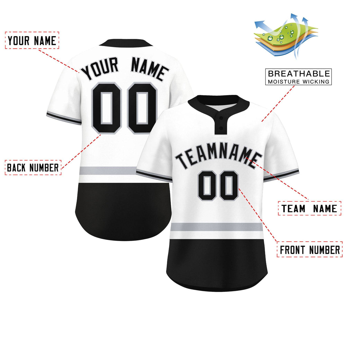 Custom White Gray-Black Color Block Personalized Authentic Two-Button Softball Jersey