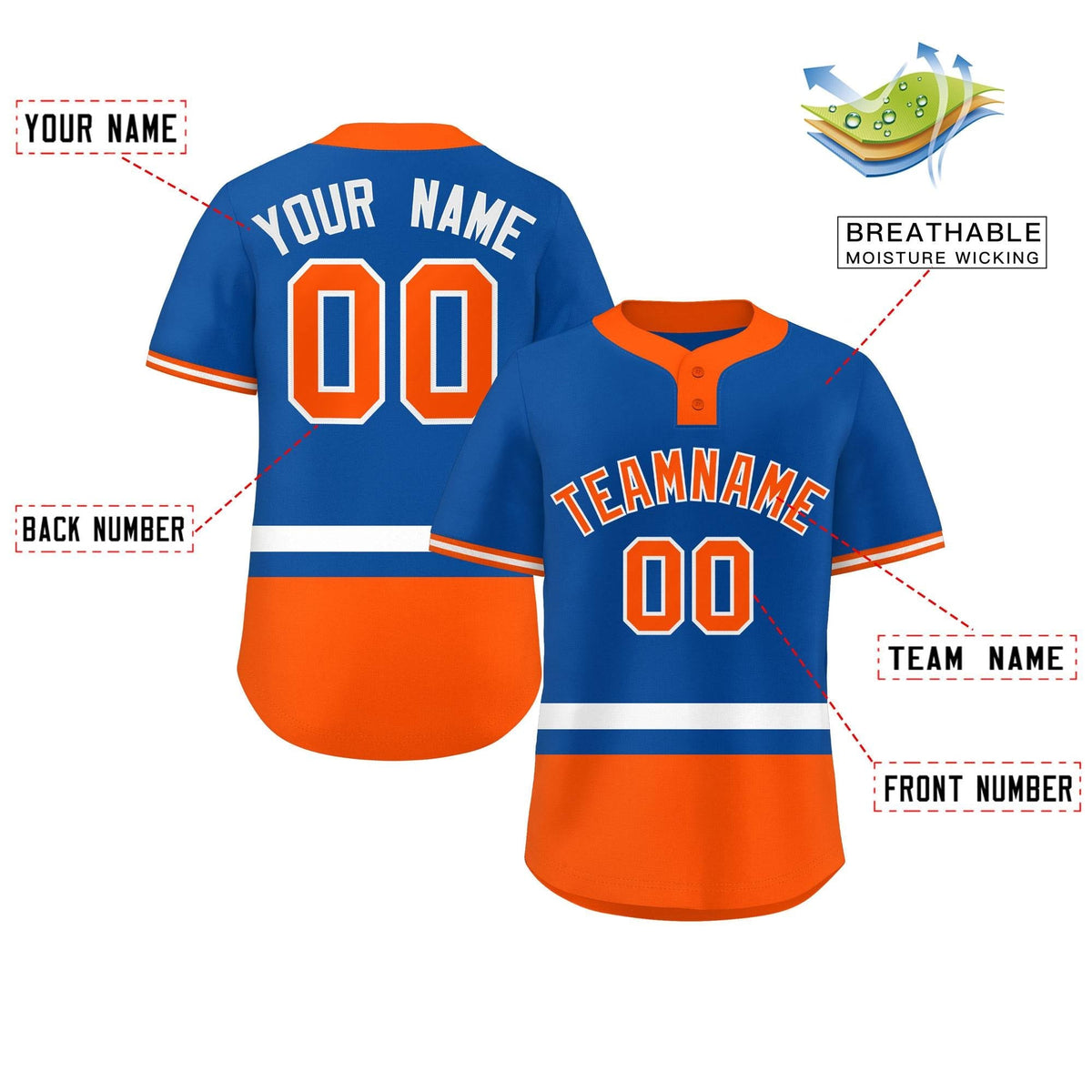 Custom Royal White-Orange Color Block Personalized Authentic Two-Button Softball Jersey